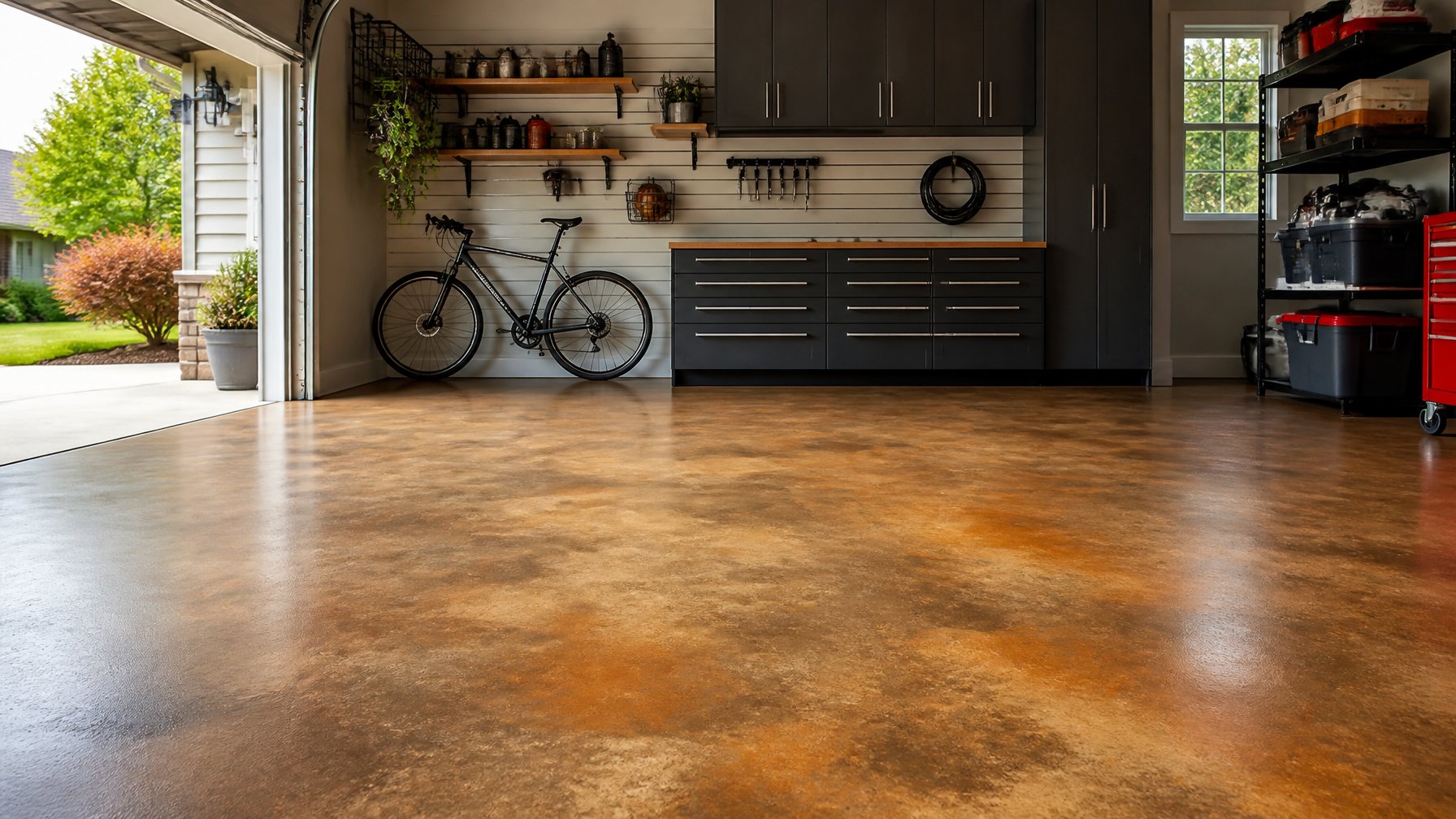 A clean garage with a polished stained concrete floor in warm earth tones and organized storage along the walls.
