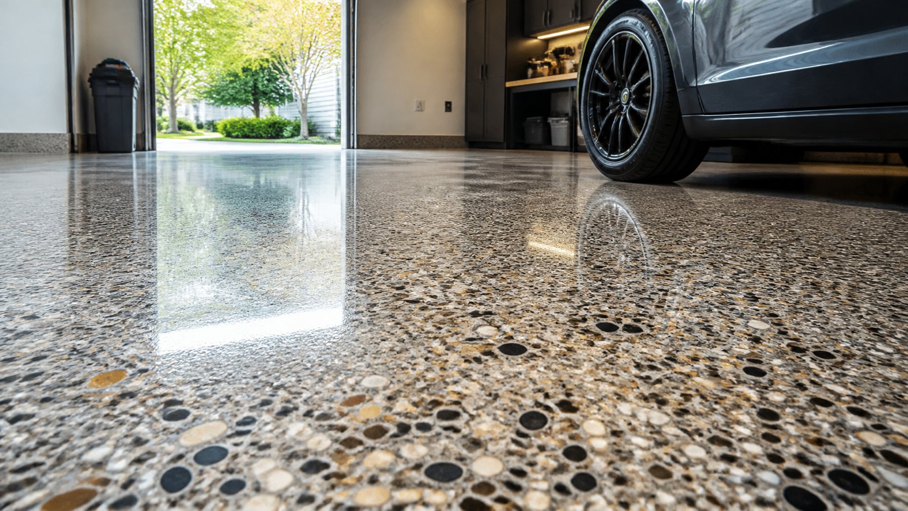 A clean garage floor with polished concrete and colorful embedded stones, showing a smooth and glossy surface.
