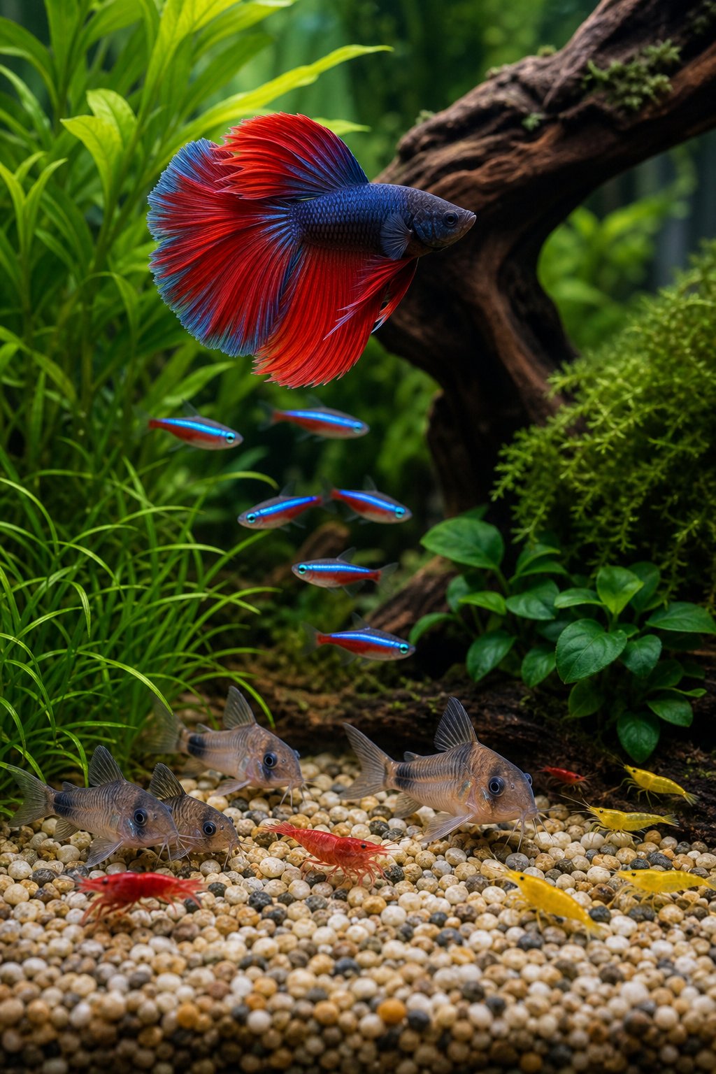 11 Betta Tank Mates That Actually Work and Three That Don't 3 A vivid betta fish with flowing red and blue fins swimming alongside small fish and shrimp in a densely planted freshwater aquarium.
