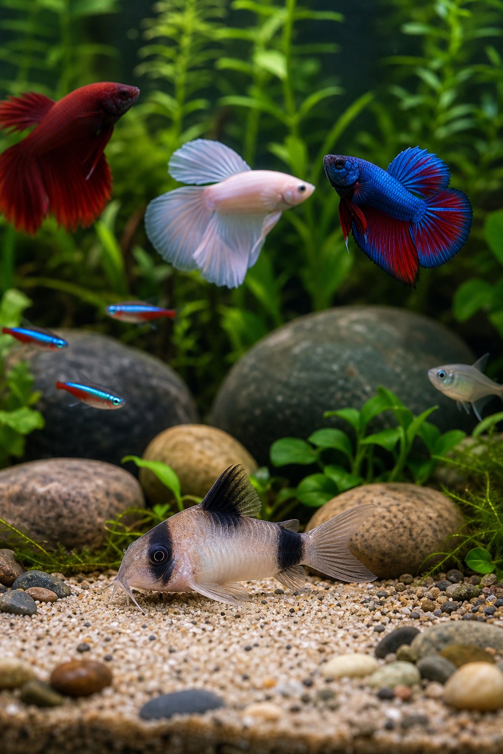11 Betta Tank Mates That Actually Work and Three That Don't 4 A panda cory catfish with a distinctive black eye mask and dorsal spot grazing the sandy substrate of a planted aquarium alongside a betta fish.