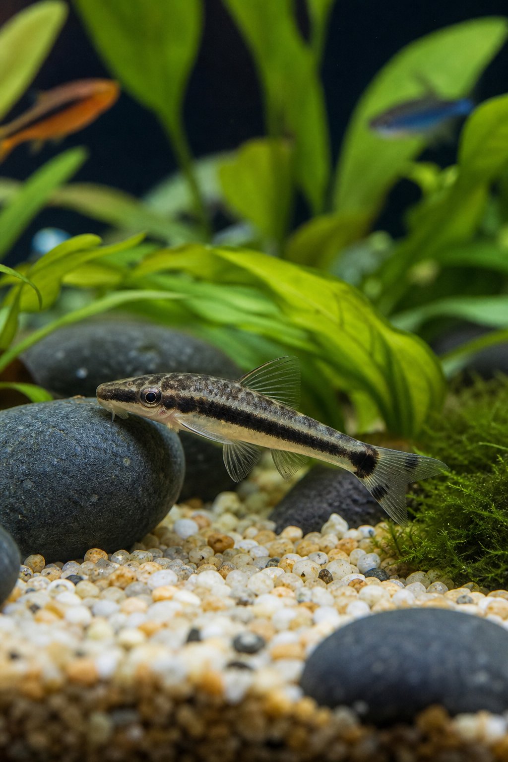 11 Betta Tank Mates That Actually Work and Three That Don't 6 A small otocinclus catfish with a striped brown and cream body clinging to a broad green aquarium leaf with its sucker mouth.