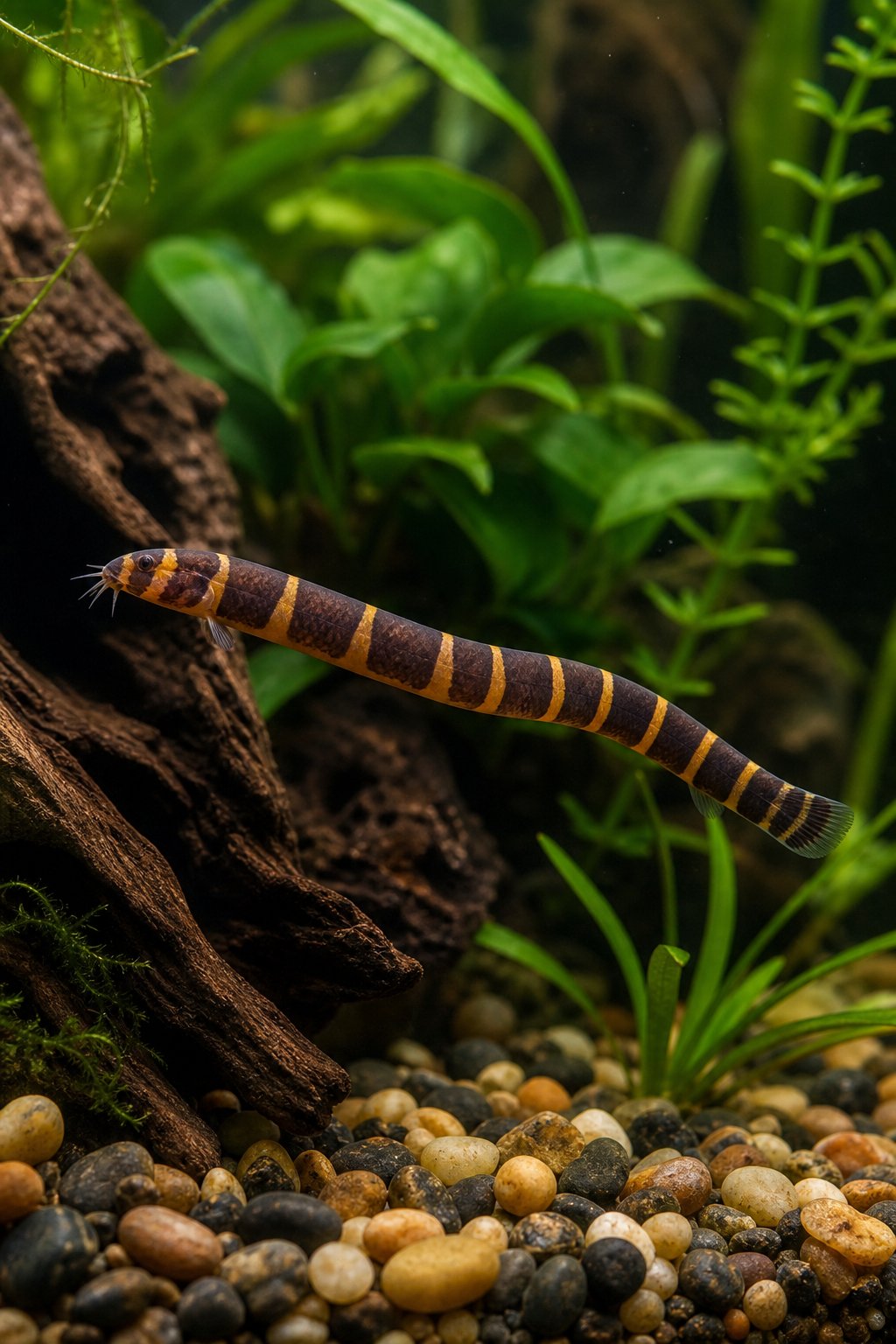 11 Betta Tank Mates That Actually Work and Three That Don't 7 A thin, eel-like kuhli loach with warm brown and dark banded coloring threading through aquarium driftwood and fine-leaved plants.