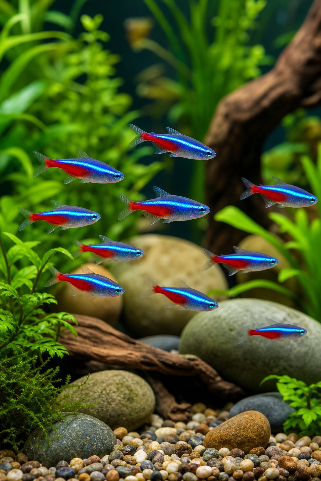 11 Betta Tank Mates That Actually Work and Three That Don't 8 A tight school of neon tetras with vivid blue and red horizontal stripes moving through a planted aquarium with fine-leaved green stem plants in the background.