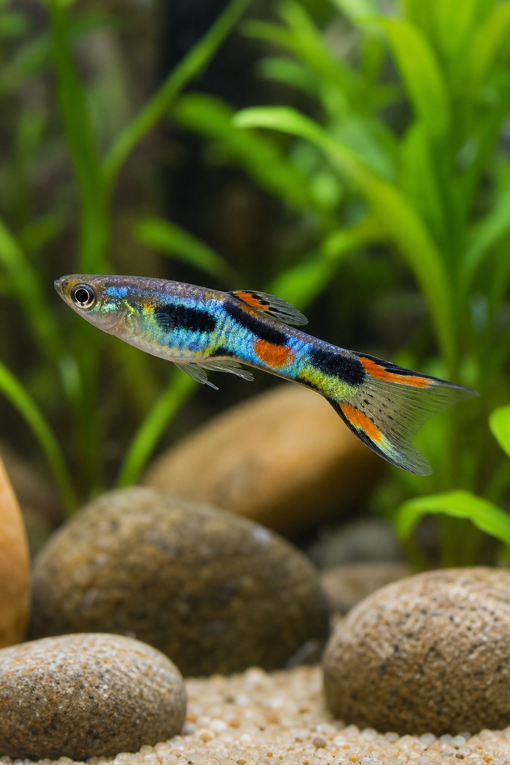 11 Betta Tank Mates That Actually Work and Three That Don't 9 A male Endler's livebearer with a compact orange, green, and black patterned body hovering near fine aquarium plants in clear water.