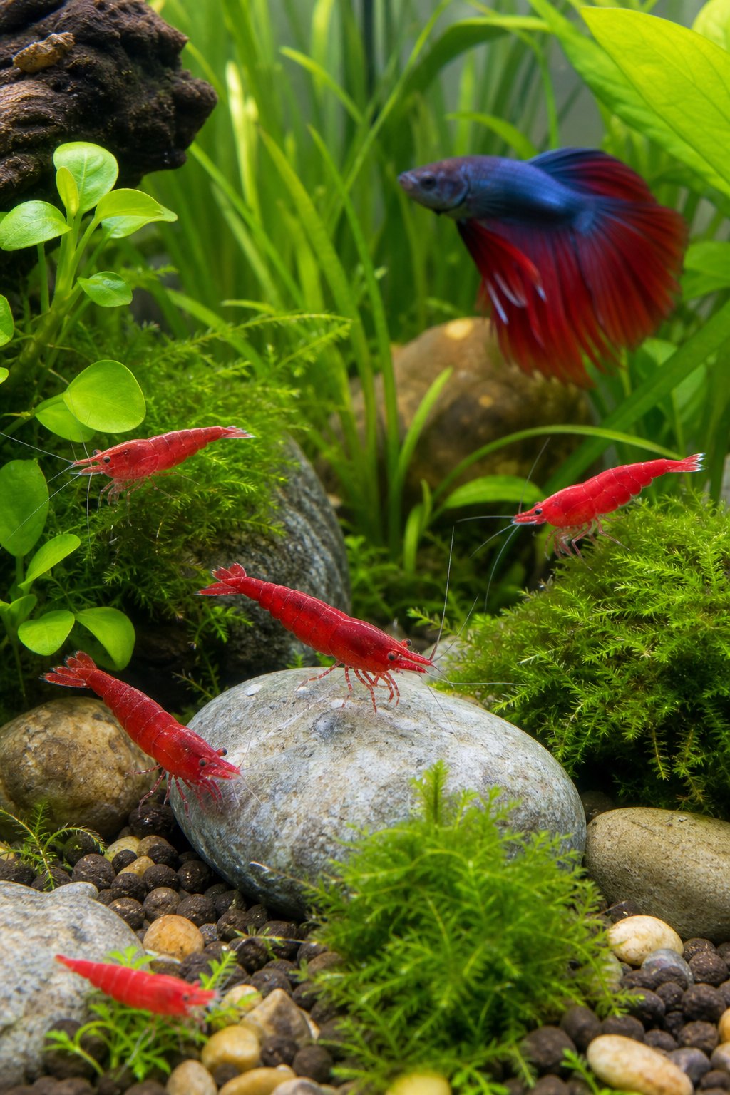 11 Betta Tank Mates That Actually Work and Three That Don't 11 Bright red cherry shrimp grazing on green aquarium plants with a betta fish visible but calm in the mid-water background.