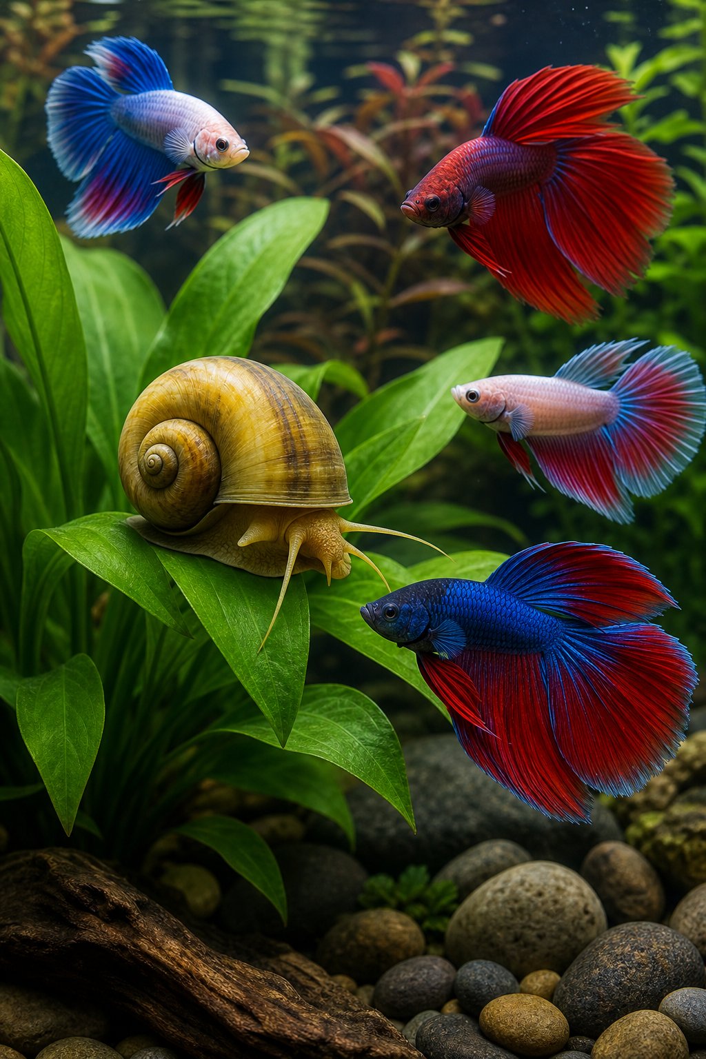 11 Betta Tank Mates That Actually Work and Three That Don't 13 A round mystery snail with a pale golden-brown shell gliding steadily along a broad green aquarium plant leaf, with a betta visible in the water column behind it.