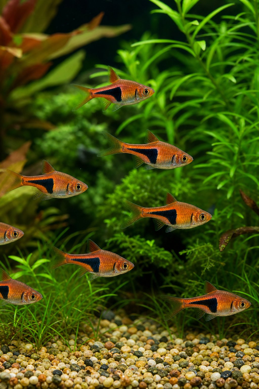 11 Betta Tank Mates That Actually Work and Three That Don't 14 A school of harlequin rasboras with warm copper bodies and distinctive triangular black patches schooling tightly through tall green aquarium plants.