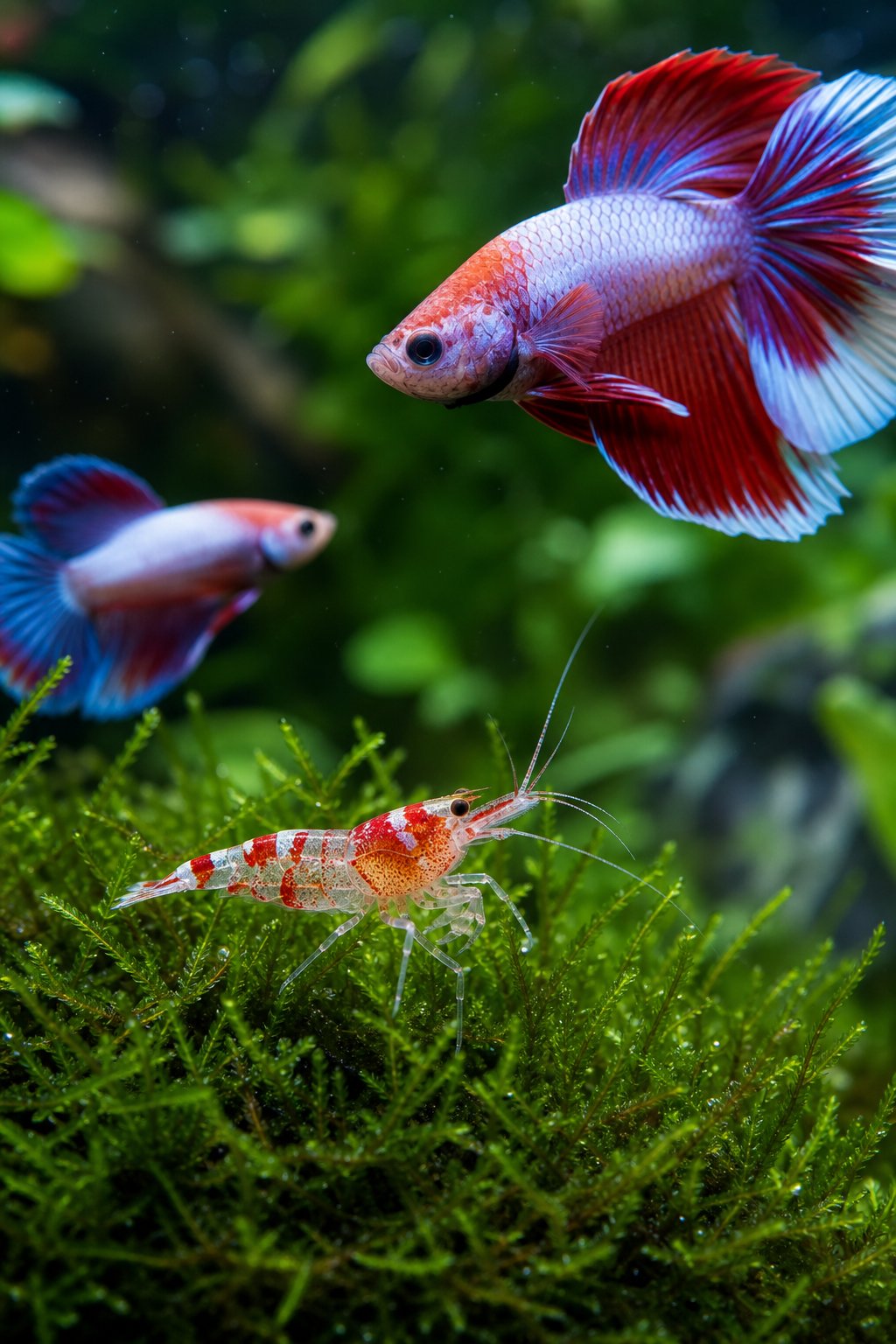 11 Betta Tank Mates That Actually Work and Three That Don't 15 A small bee shrimp with crisp white and dark banded patterning perched on bright green aquarium moss in a softly lit planted tank.