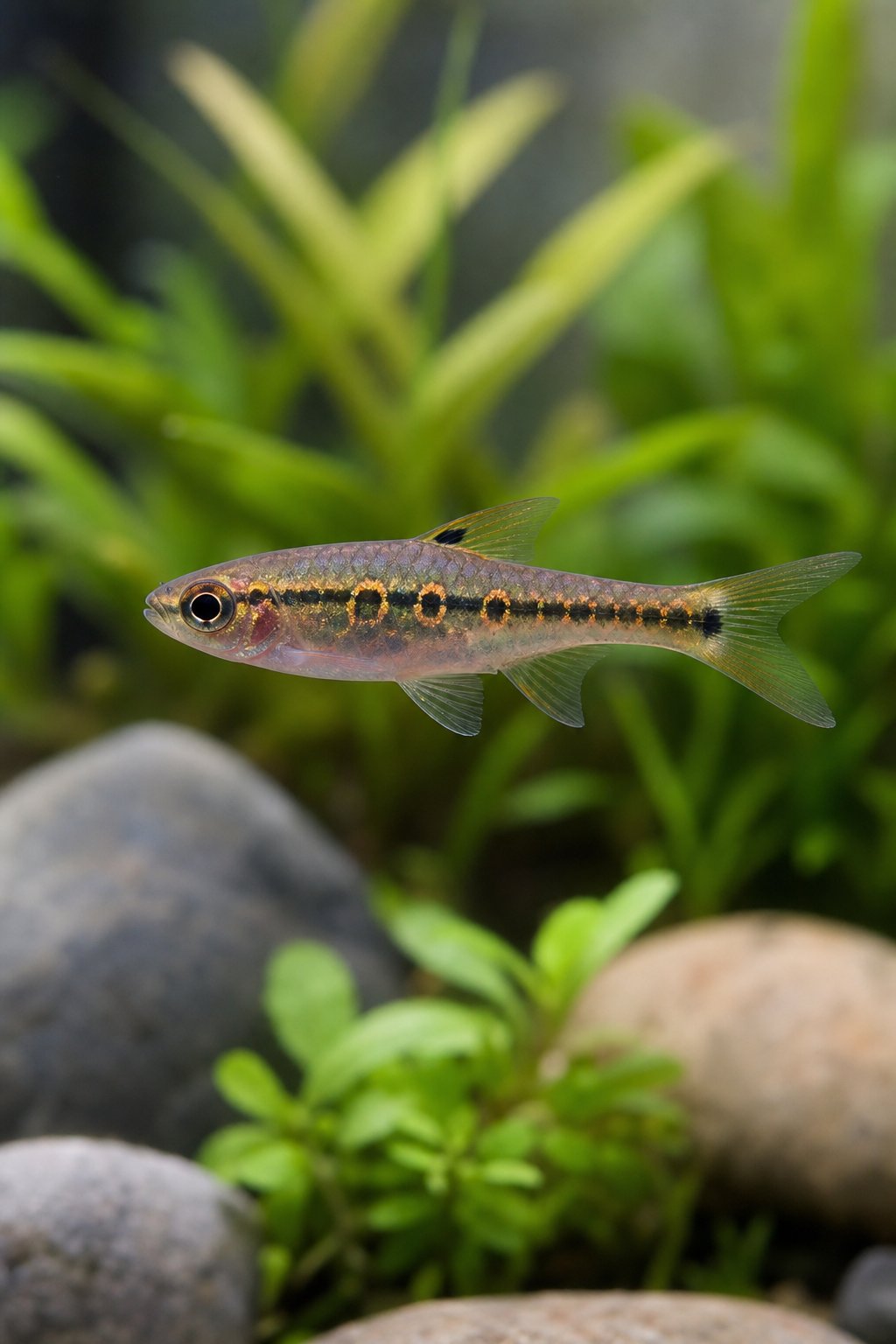 11 Betta Tank Mates That Actually Work and Three That Don't 16 A slender gold-ringed rasbora with a pale body and a distinct golden lateral stripe hovering among fine-leaved aquarium plants in clear water.