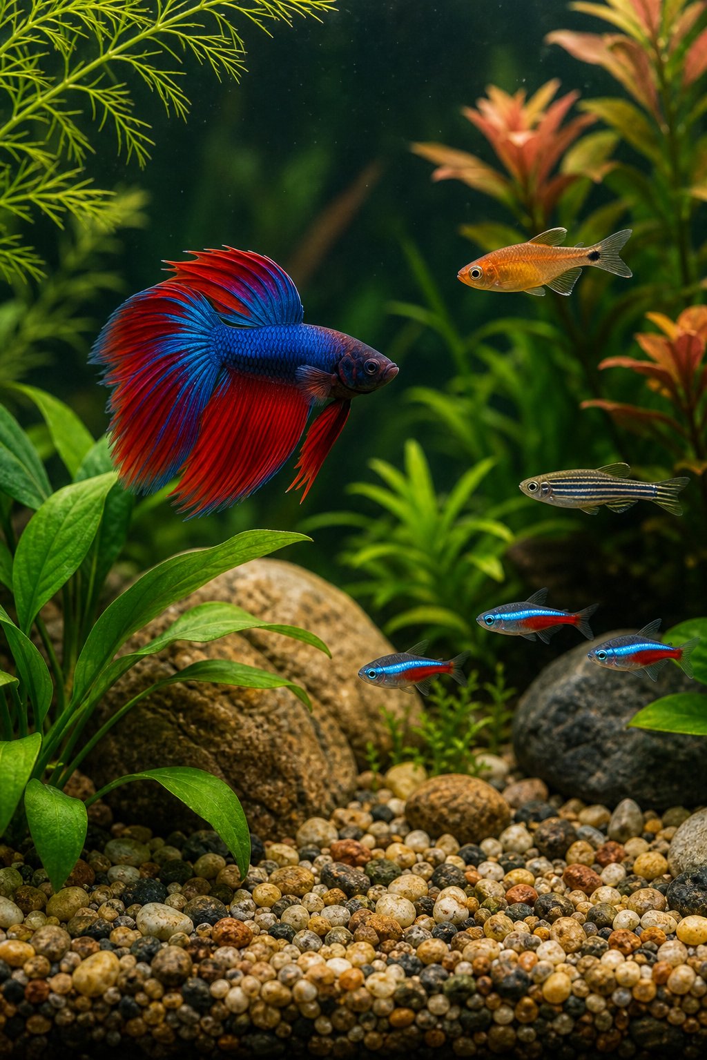 11 Betta Tank Mates That Actually Work and Three That Don't 17 A lush planted aquarium with a betta fish and several small schooling fish visible between dense green stem plants and driftwood, with soft diffused lighting.