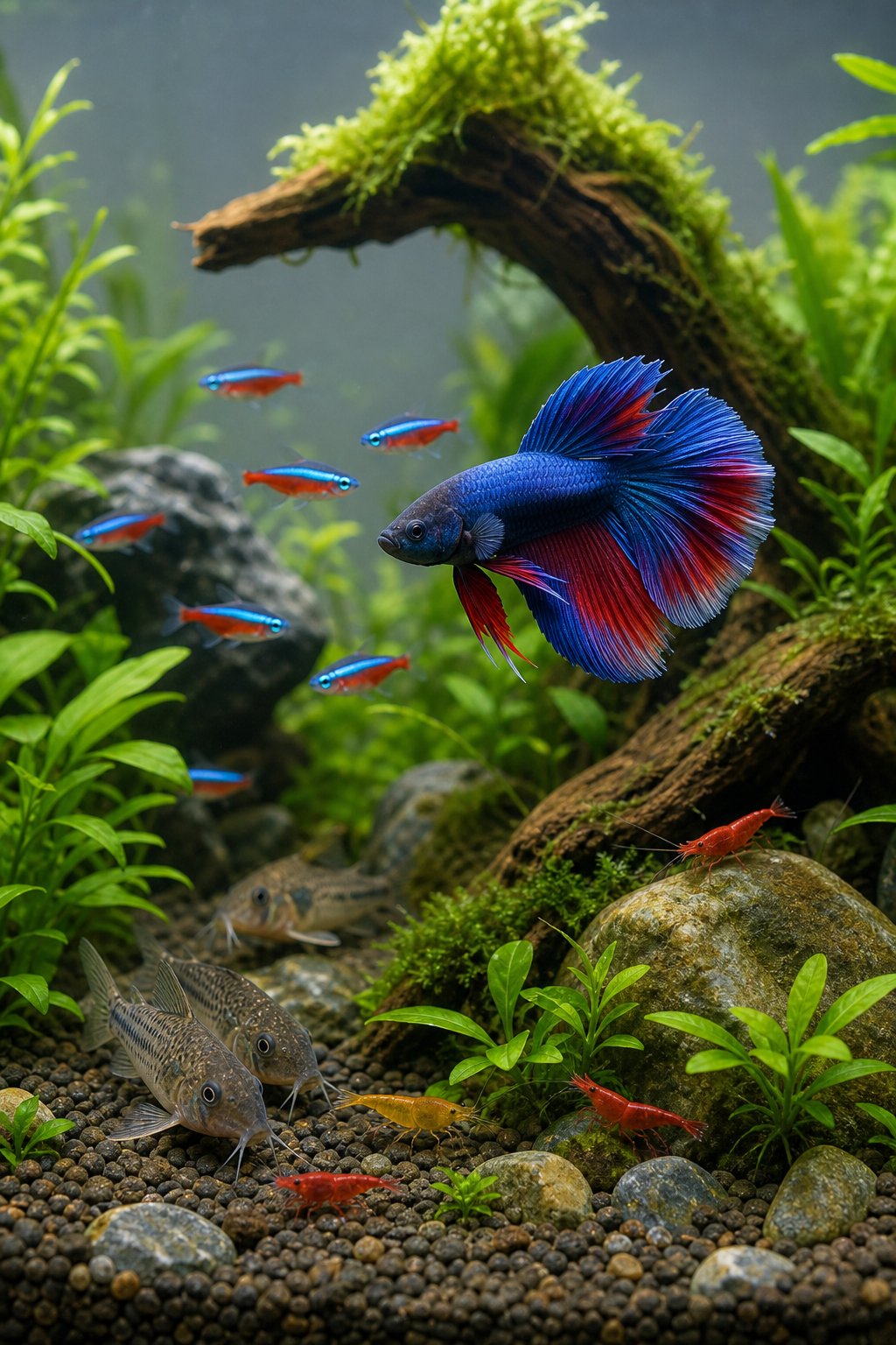 11 Betta Tank Mates That Actually Work and Three That Don't 18 A planted freshwater aquarium showing a betta fish and small tank mates including shrimp among dense green plants and smooth river stones, with clear water and calm overall composition.