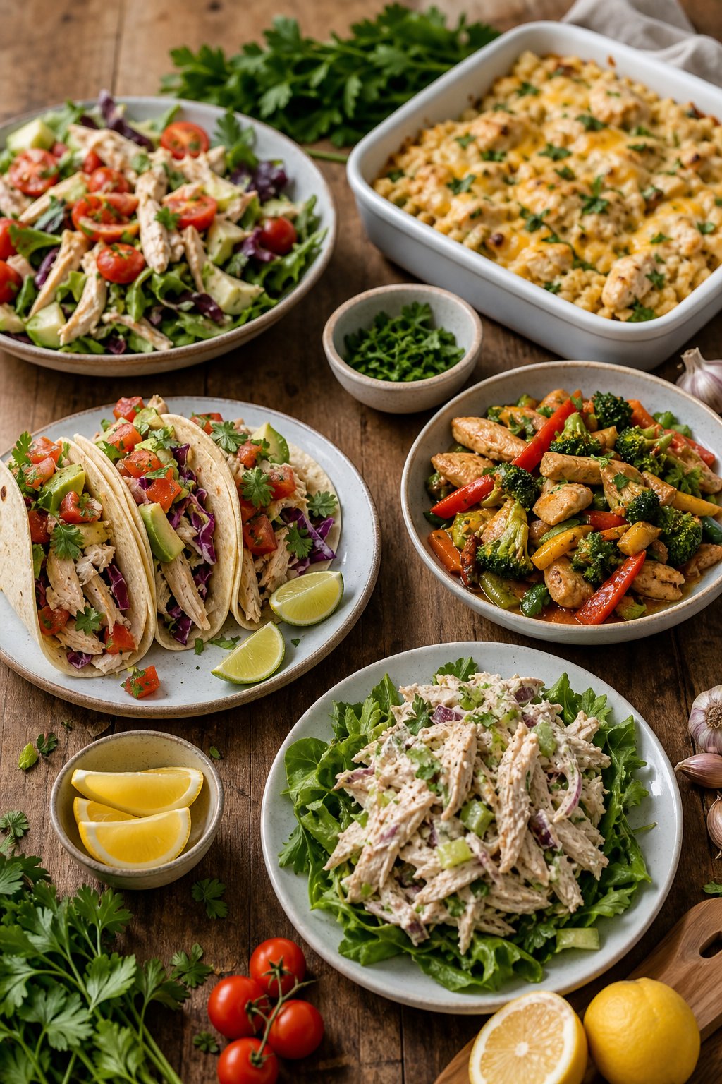 A wooden table spread with several plates of leftover chicken dishes alongside fresh ingredients like lime, herbs, and colorful vegetables.