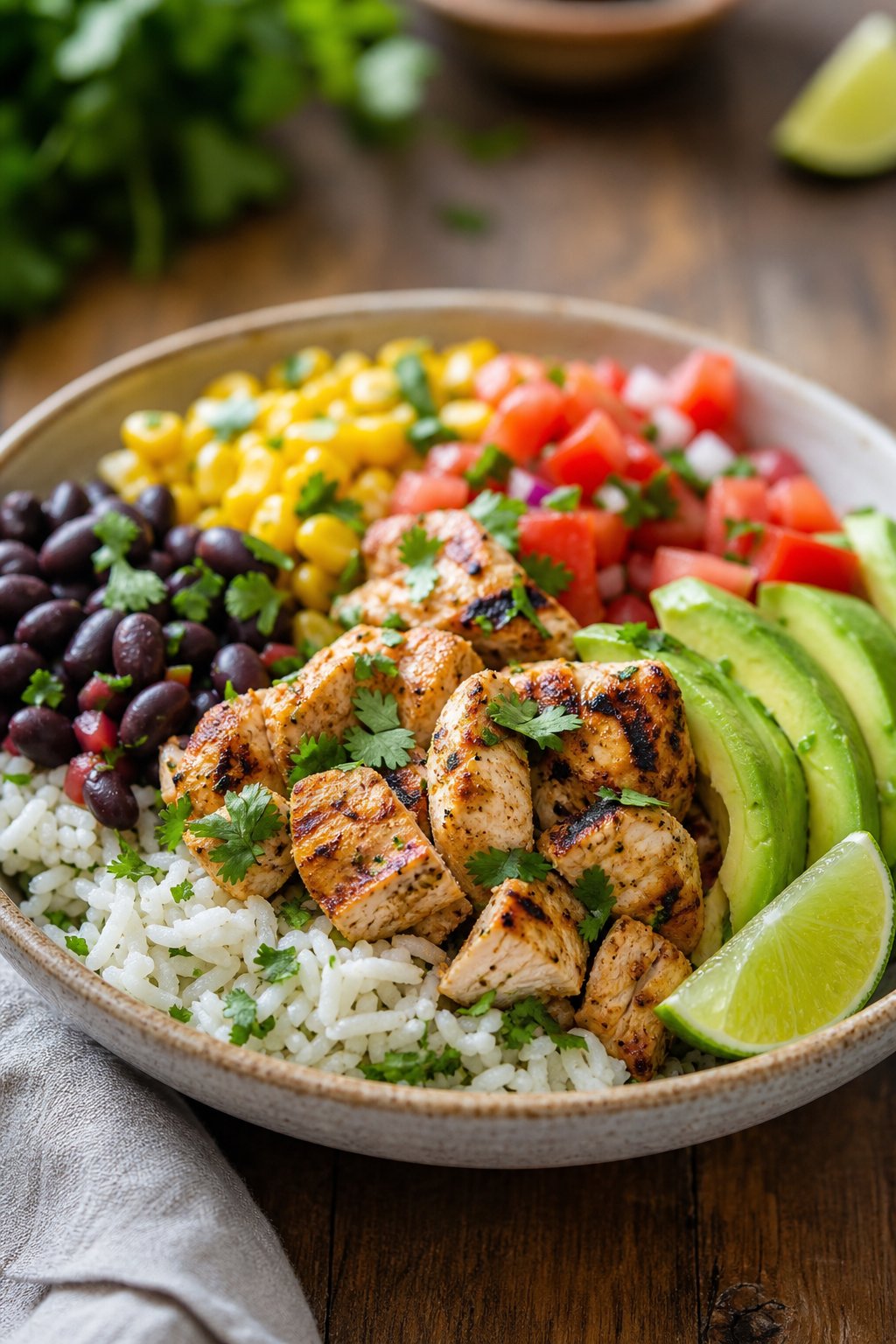 A wide ceramic bowl holding cilantro lime rice topped with shredded spiced chicken, sliced avocado, black beans, yellow corn, diced tomatoes, and a lime wedge on a wooden table.