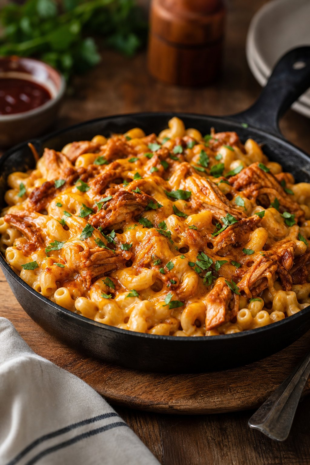 A cast iron skillet of creamy elbow macaroni mixed with shredded BBQ chicken, the sauce glossy and golden-brown around the edges, garnished with fresh parsley on a wooden table.
