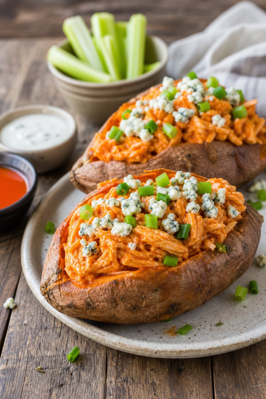 Two baked sweet potatoes split open and stuffed with shredded buffalo chicken, topped with crumbled blue cheese and sliced green onions, on a wooden table with celery sticks and a small bowl of sauce nearby.