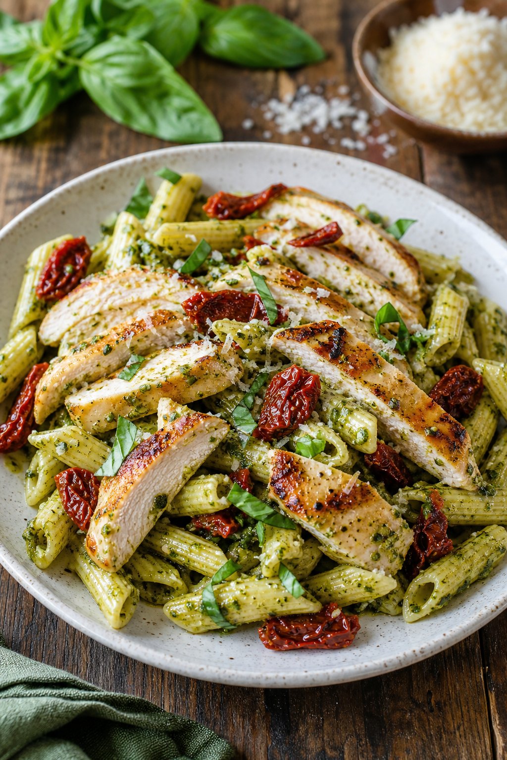 A white plate of rotini pasta coated in bright green pesto with shredded chicken and dark red sun-dried tomatoes scattered throughout, on a wooden table.