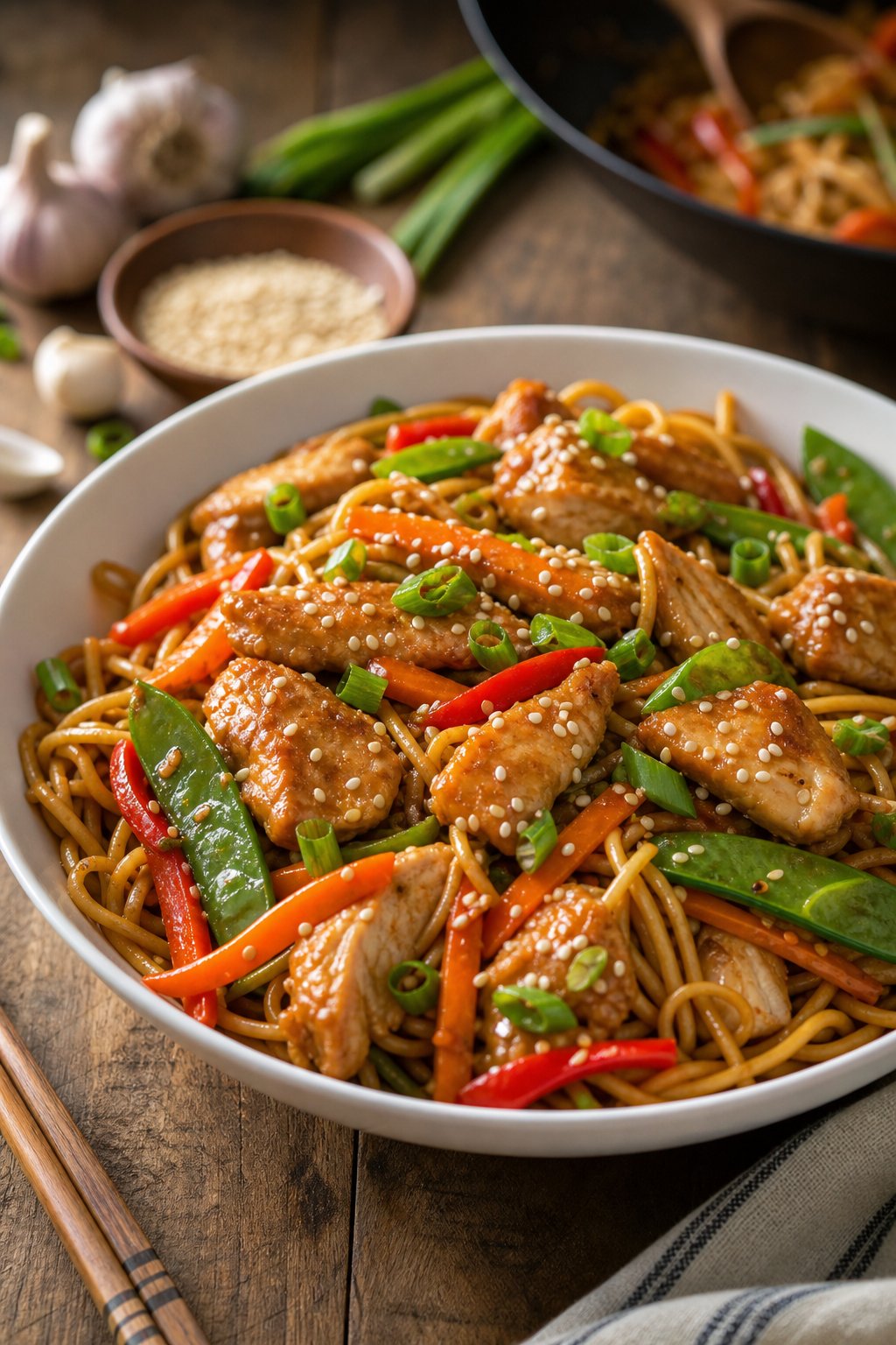 A deep bowl of lo mein noodles tossed with shredded chicken, shredded carrots, and snow peas in a glossy sesame-soy sauce, topped with sliced green onions and sesame seeds.