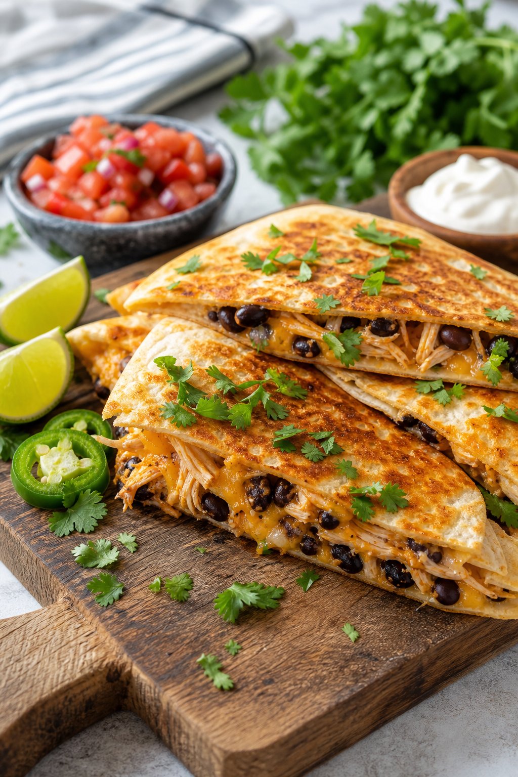 A wooden cutting board with golden-brown quesadilla wedges, garnished with fresh cilantro, sliced jalapeños, lime wedges, and small bowls of salsa and sour cream alongside.