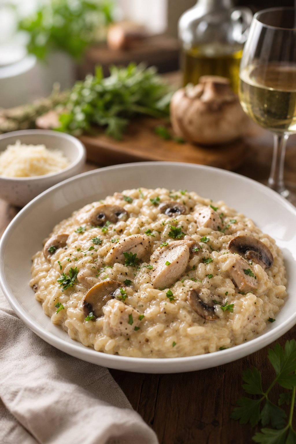 A wide shallow bowl of creamy risotto with shredded chicken and sliced cremini mushrooms folded throughout, finished with a sprinkle of fresh parsley, on a wooden table.