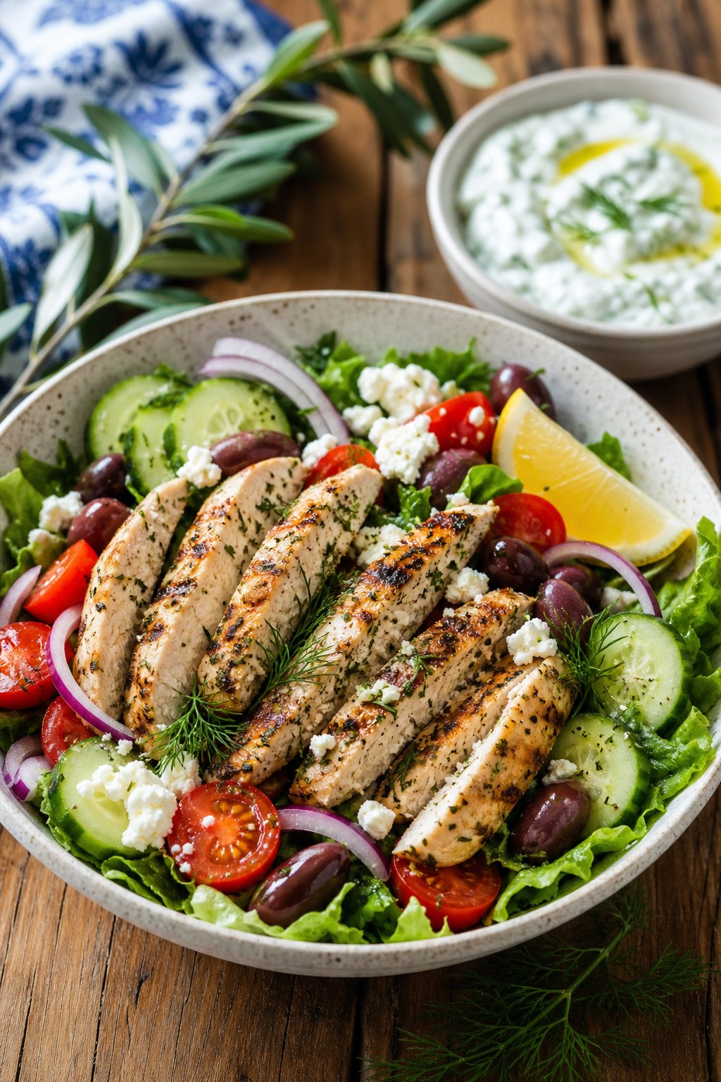 A large bowl of Greek salad with shredded chicken, chopped romaine, halved cherry tomatoes, diced cucumber, sliced red onion, crumbled feta, and Kalamata olives, with a small ramekin of tzatziki on the side.