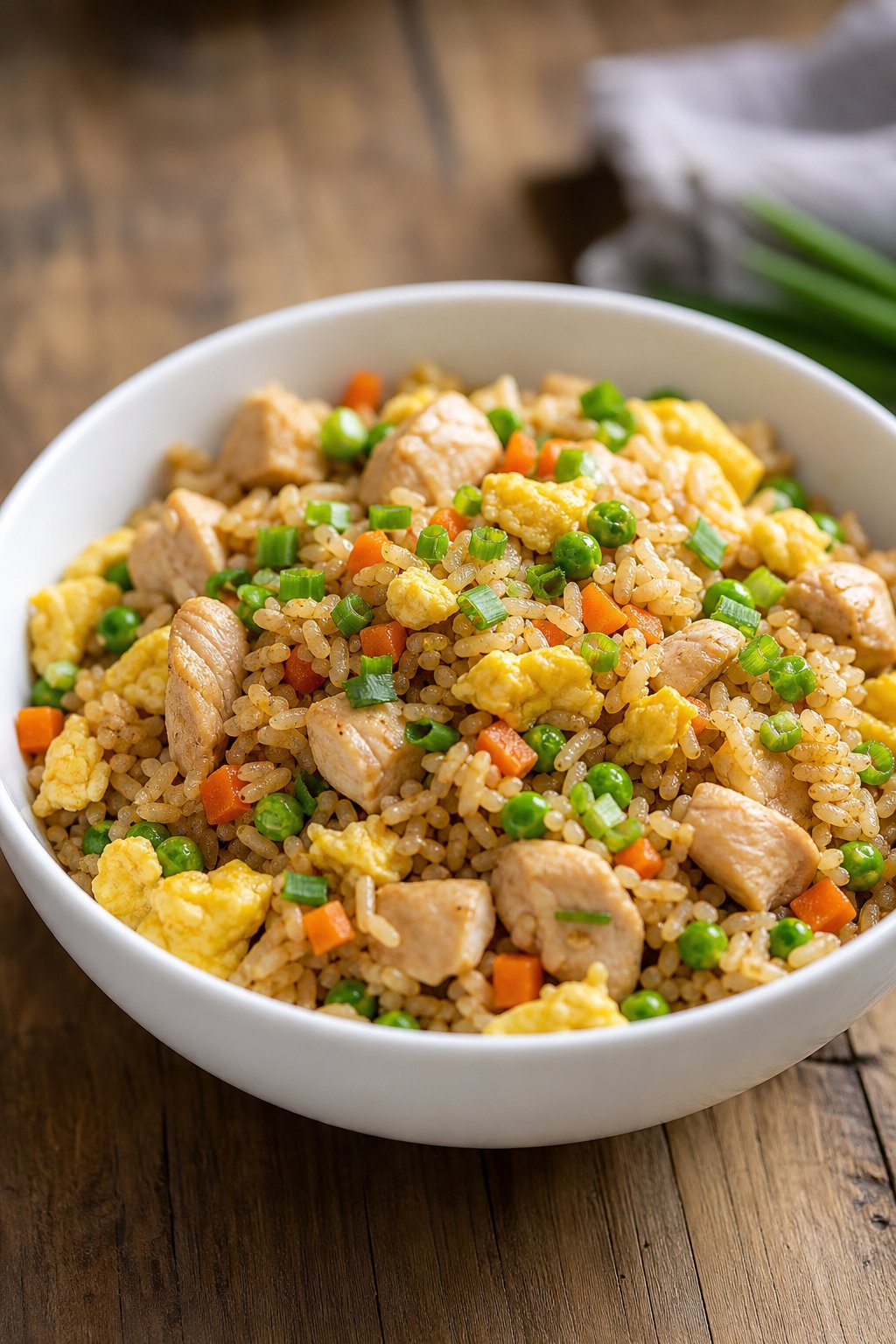 A ceramic bowl of chicken fried rice with visible peas, diced carrots, fluffy scrambled egg pieces, and sliced scallions, the rice grains separate and lightly glossed with soy sauce.