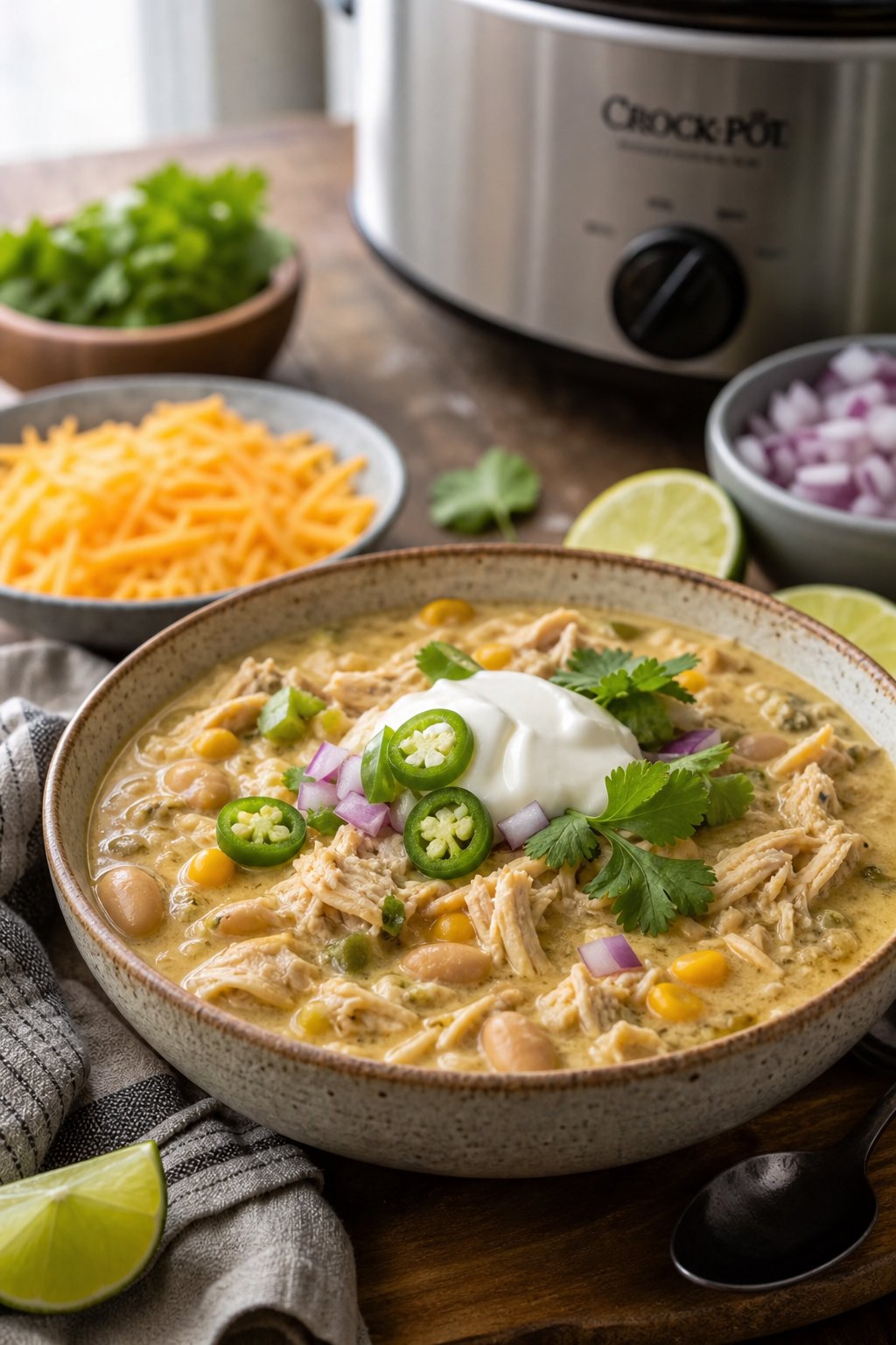 A rustic bowl of white chicken chili with creamy broth, white beans, and corn, topped with a swirl of sour cream and fresh cilantro, with a piece of cornbread resting on the rim.