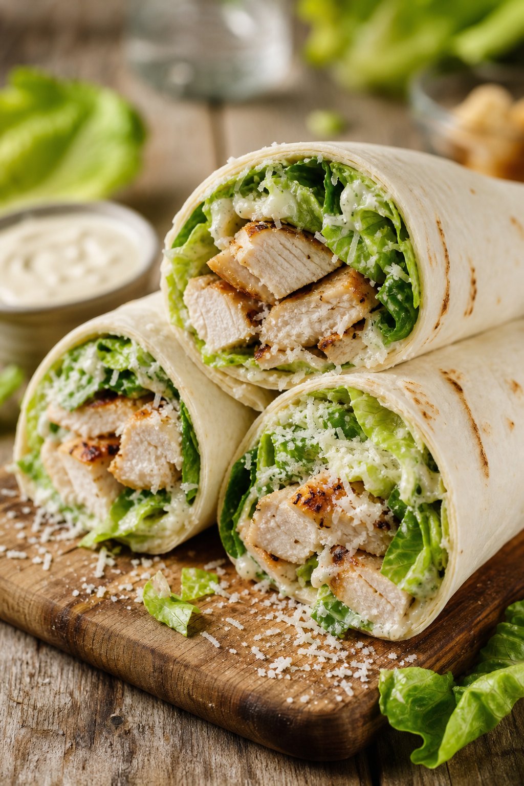 Close-up of two halved chicken Caesar wraps on a wooden cutting board, showing the filling of shredded chicken, thinly sliced romaine, and crushed croutons wrapped in a flour tortilla.