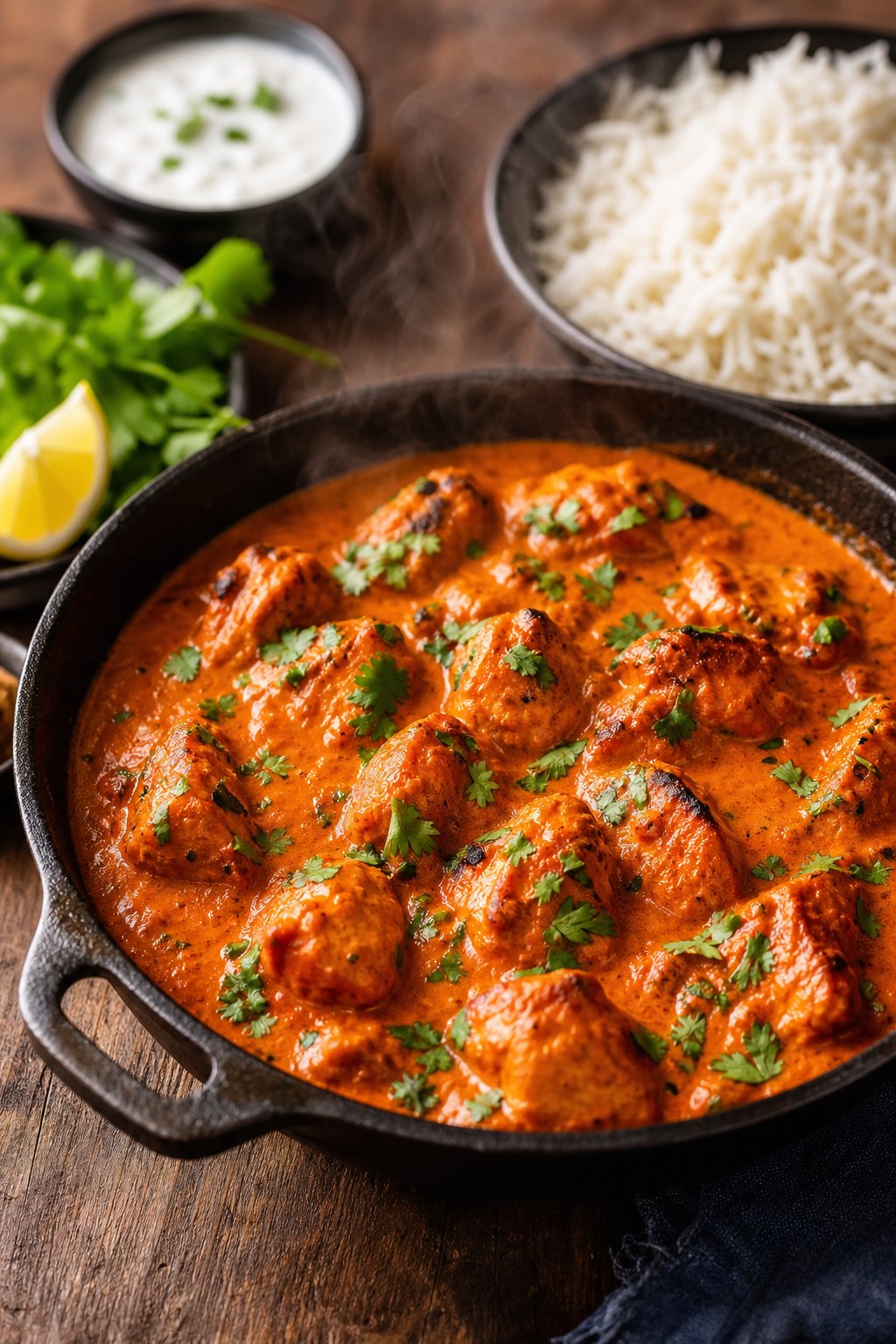A large cast iron skillet filled with orange-red tikka masala sauce and shredded chicken, surrounded by a small bowl of rice, lemon wedges, and fresh herbs on a wooden table.