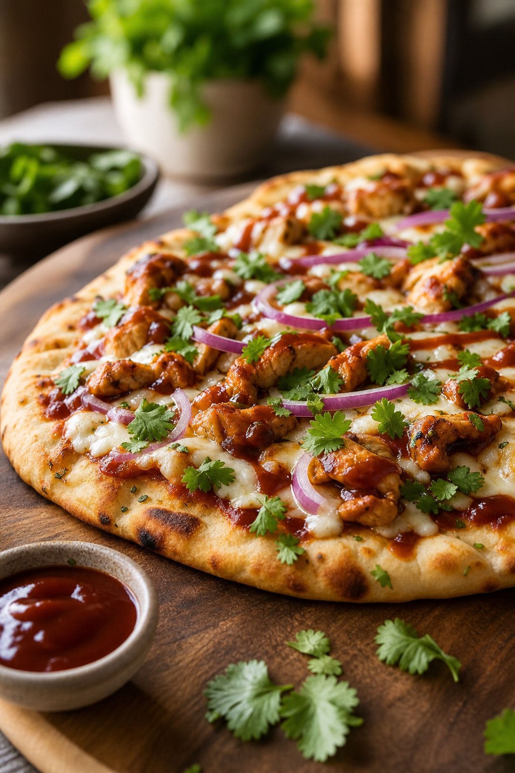 A naan-based BBQ chicken pizza on a wooden board, topped with melted mozzarella and cheddar, thinly sliced red onion rings, and scattered fresh cilantro leaves.