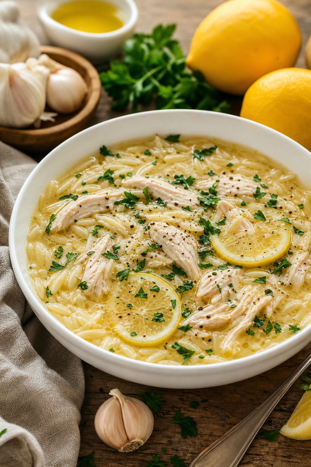 A ceramic bowl of golden chicken orzo soup with visible shredded chicken, tiny orzo pasta, wilted spinach, and thin lemon slices floating on top, surrounded by fresh lemons, garlic cloves, and parsley sprigs on a wooden table.