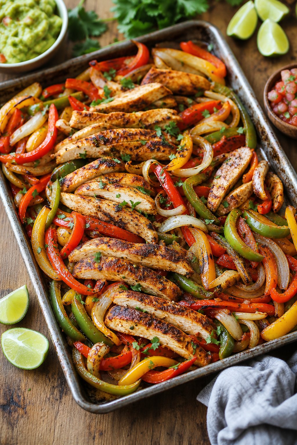 A foil-lined sheet pan filled with roasted chicken strips, caramelized red, yellow, and green bell pepper slices, and softened onion wedges, with lime wedges and a small bowl of salsa on the wooden table nearby.