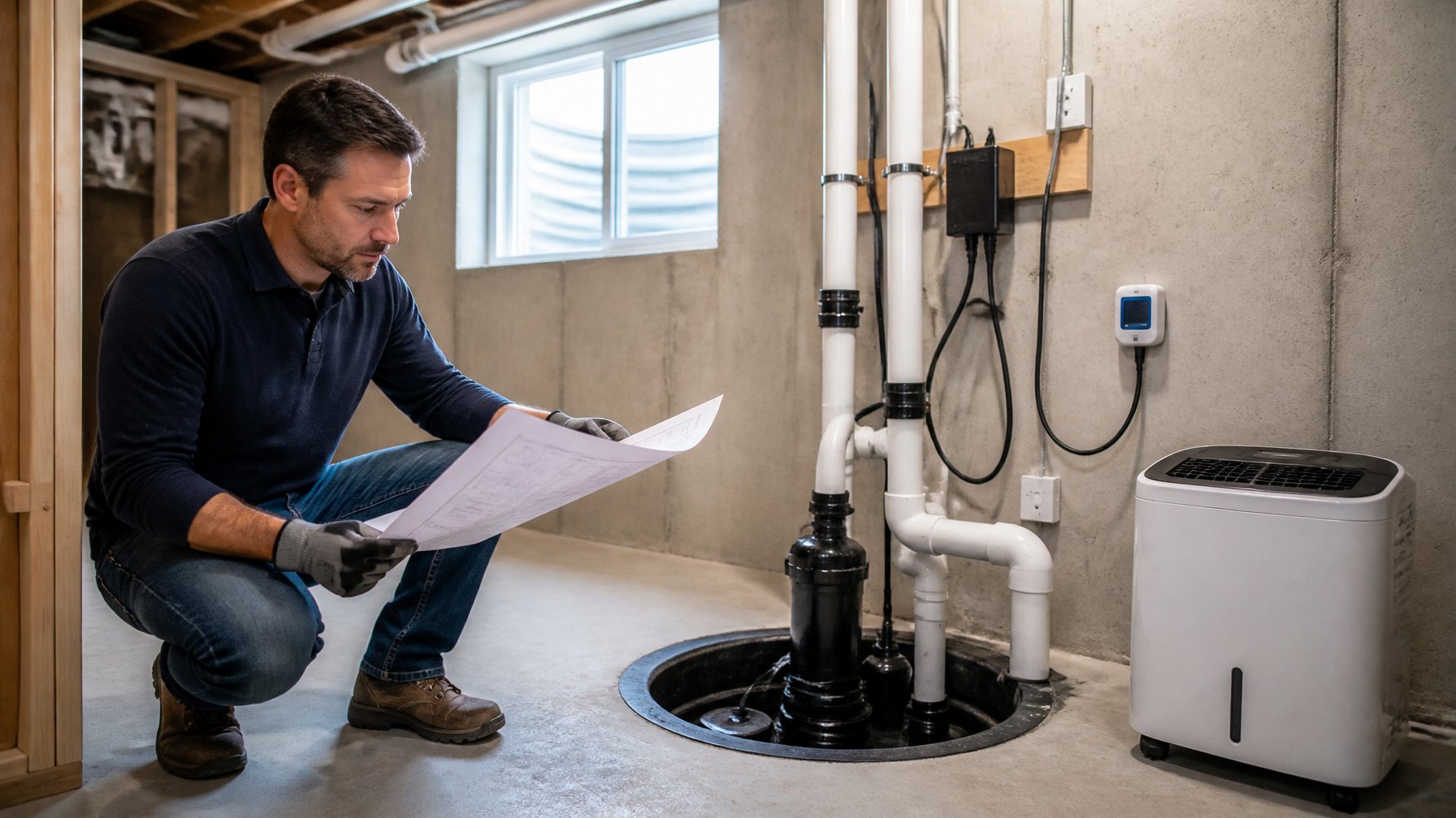 A person reviewing plans next to a sump pump system installed in a clean basement of a home.