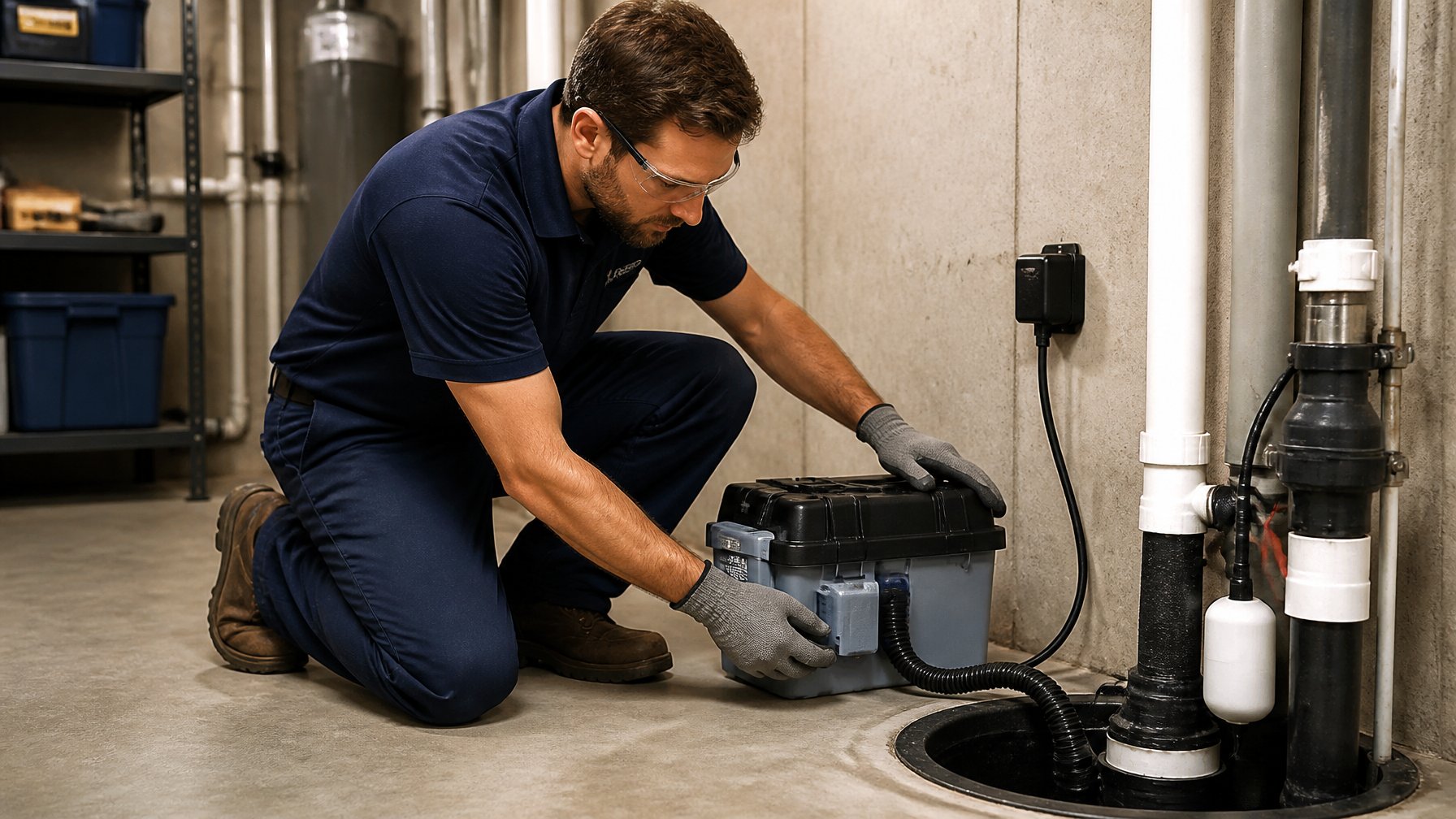 Technician installing a battery backup system near a sump pump in a residential basement.