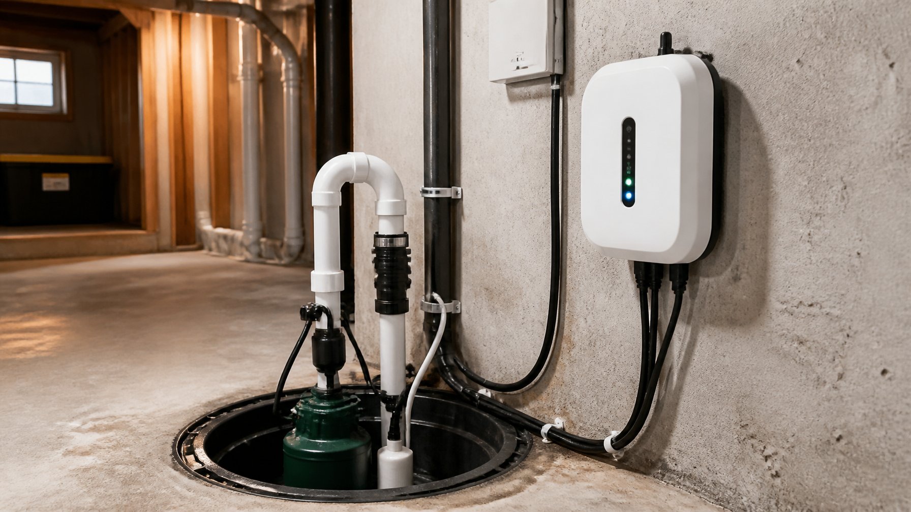 A basement sump pump system with a Wi-Fi-enabled smart sump pump switch installed nearby.