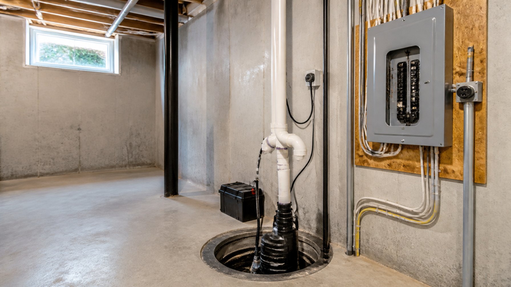 A basement utility area showing a sump pump installed in a pit with nearby electrical panel and wiring.