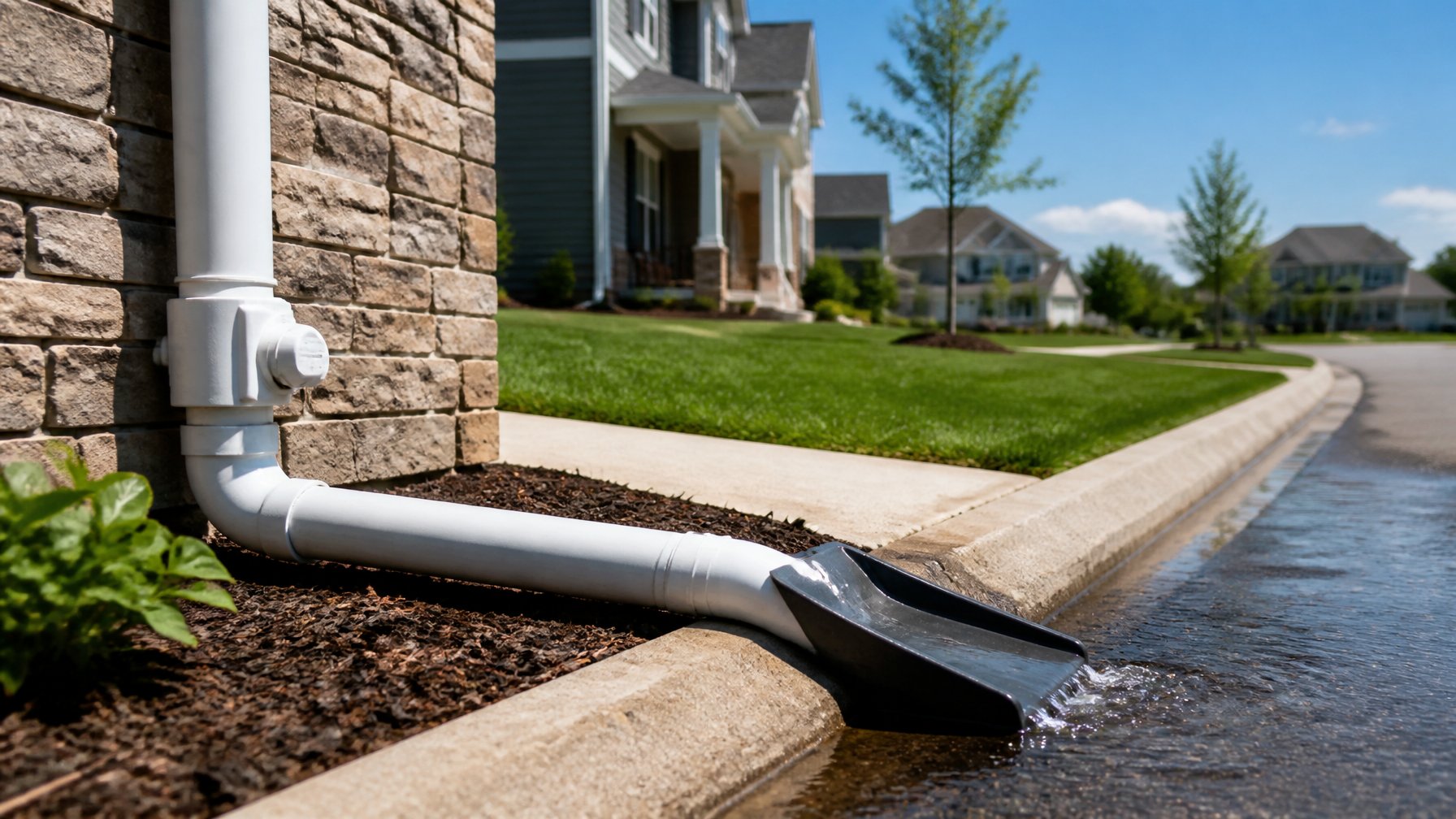 Outdoor sump pump discharge pipe with check valve and splash block directing water away from a house toward the street in a suburban neighborhood.