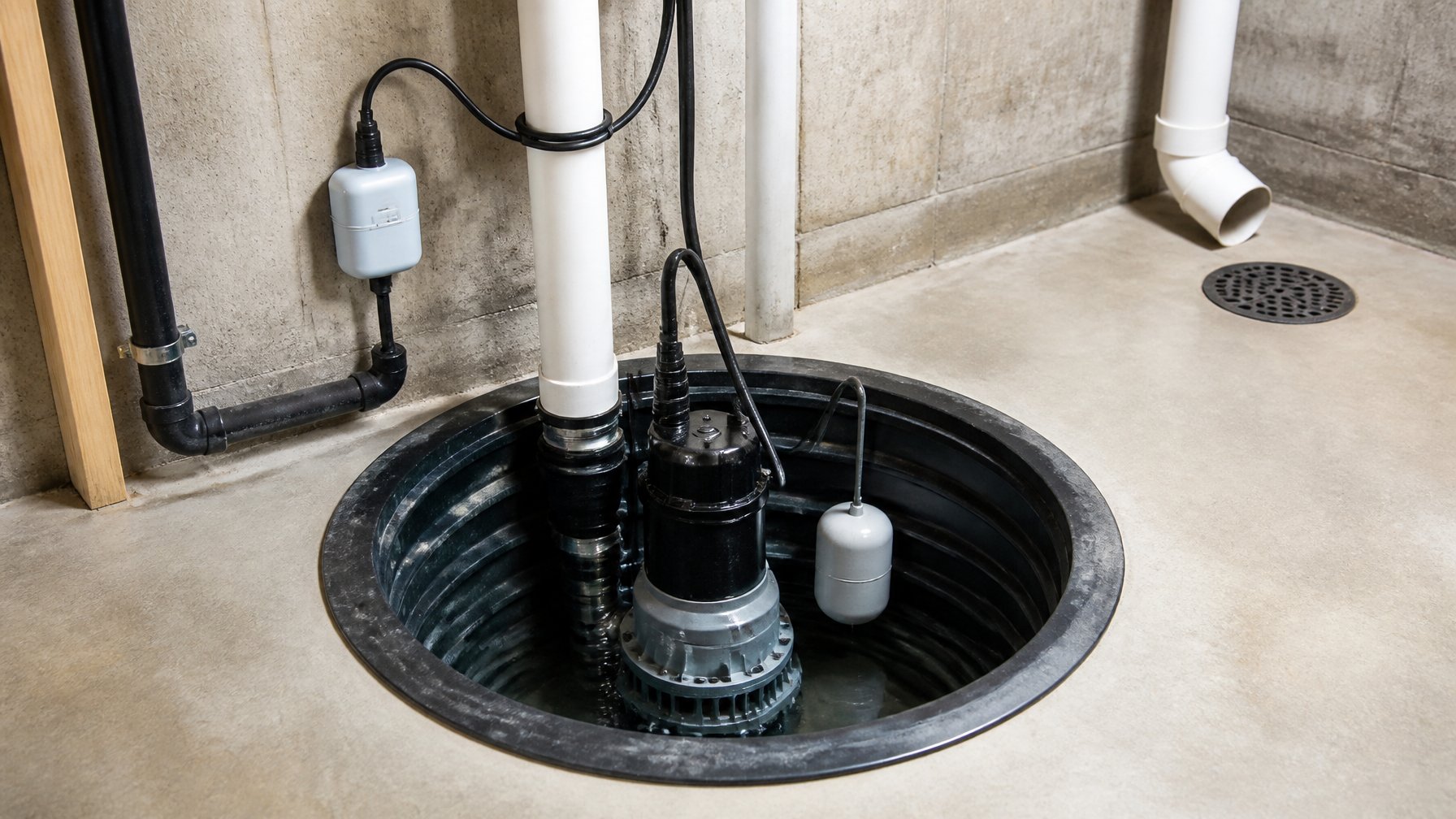 A basement sump pump setup with a separate alarm float switch installed next to the pump.