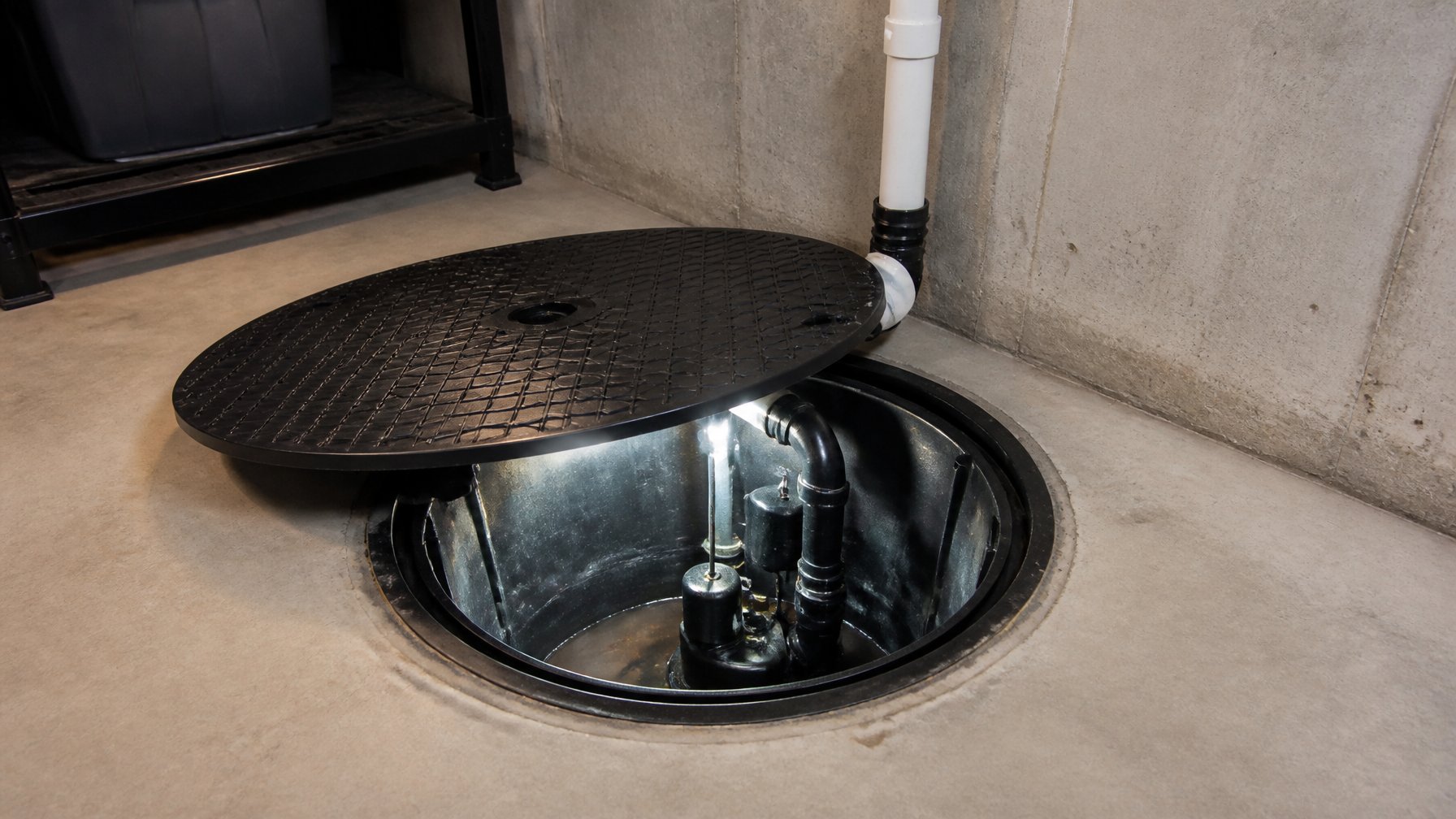 A sump pit in a basement with a removable cover and an LED light inside, showing the pump and drainage system.
