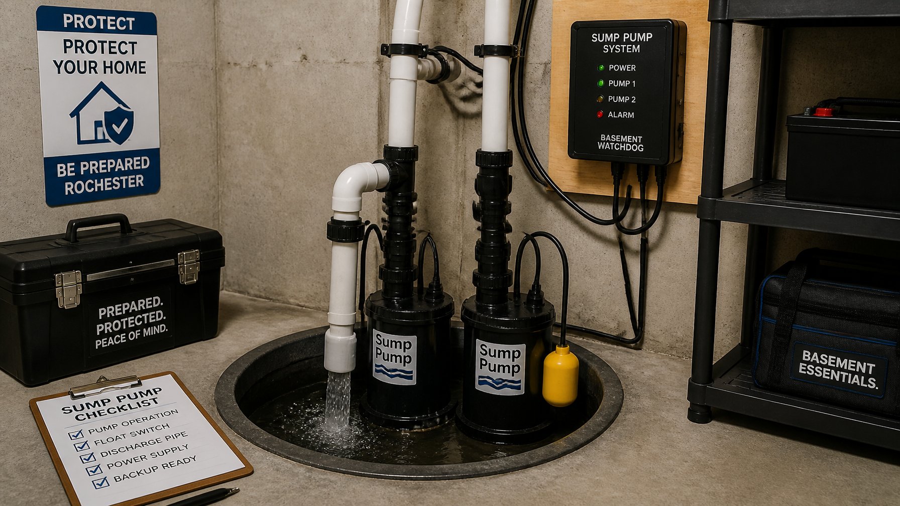 Two pedestal sump pumps installed side by side in a residential basement sump pit, with one pump operating and plumbing connections visible.
