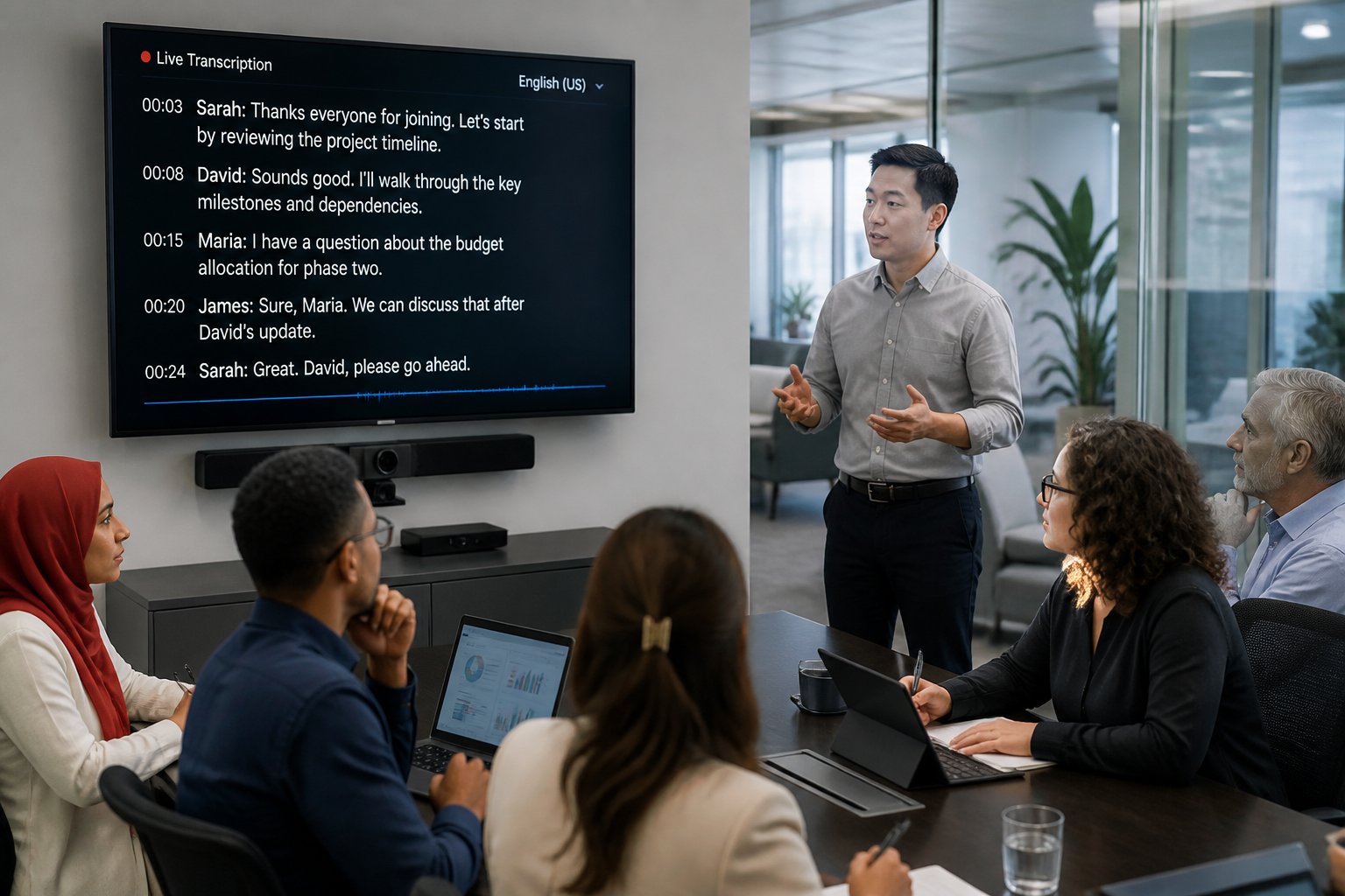A group of people in a meeting room with a large screen showing real-time transcription of their conversation.