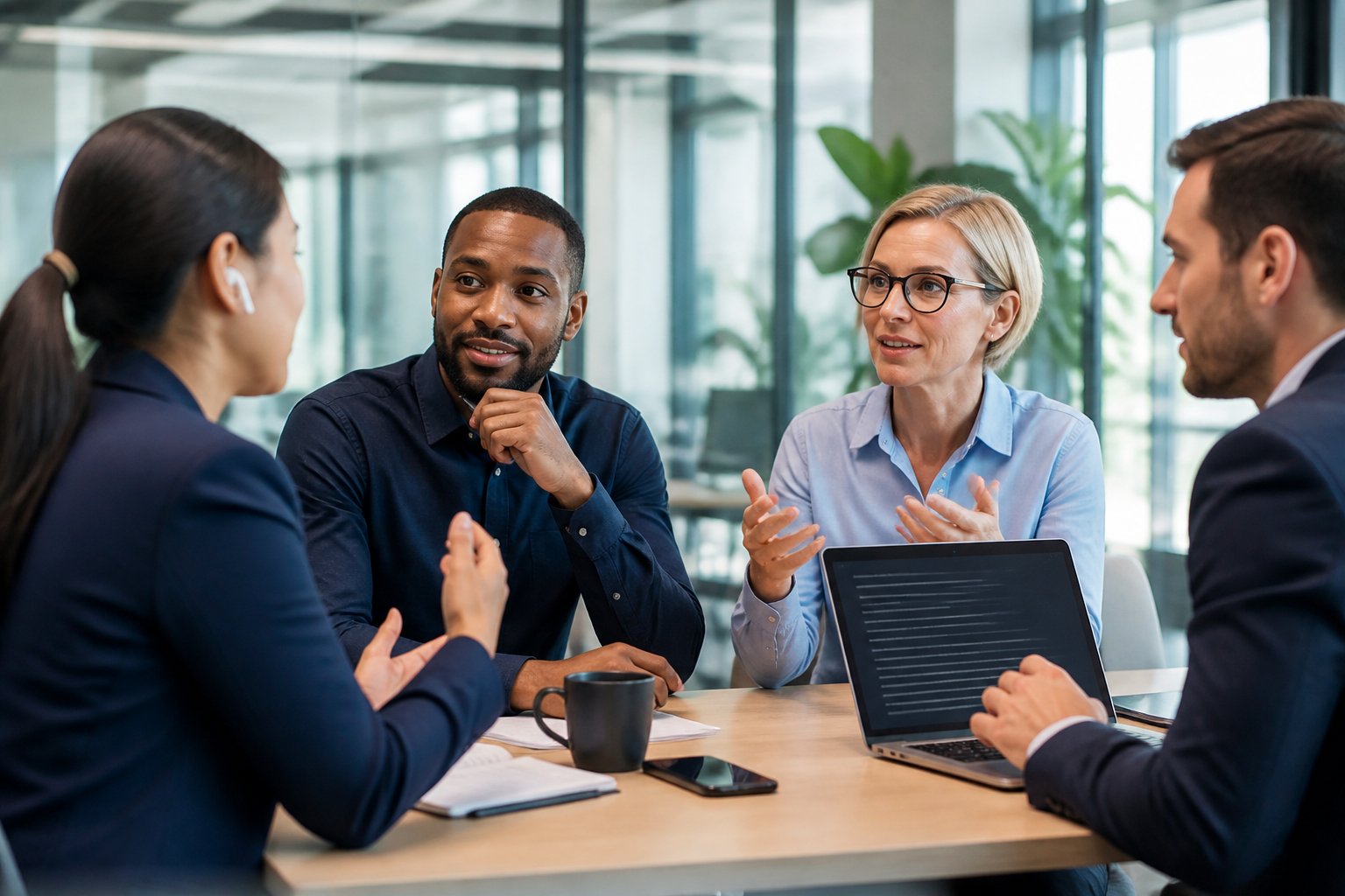 A group of people having a lively conversation in a modern office, with one person wearing wireless earbuds and another looking at a laptop.