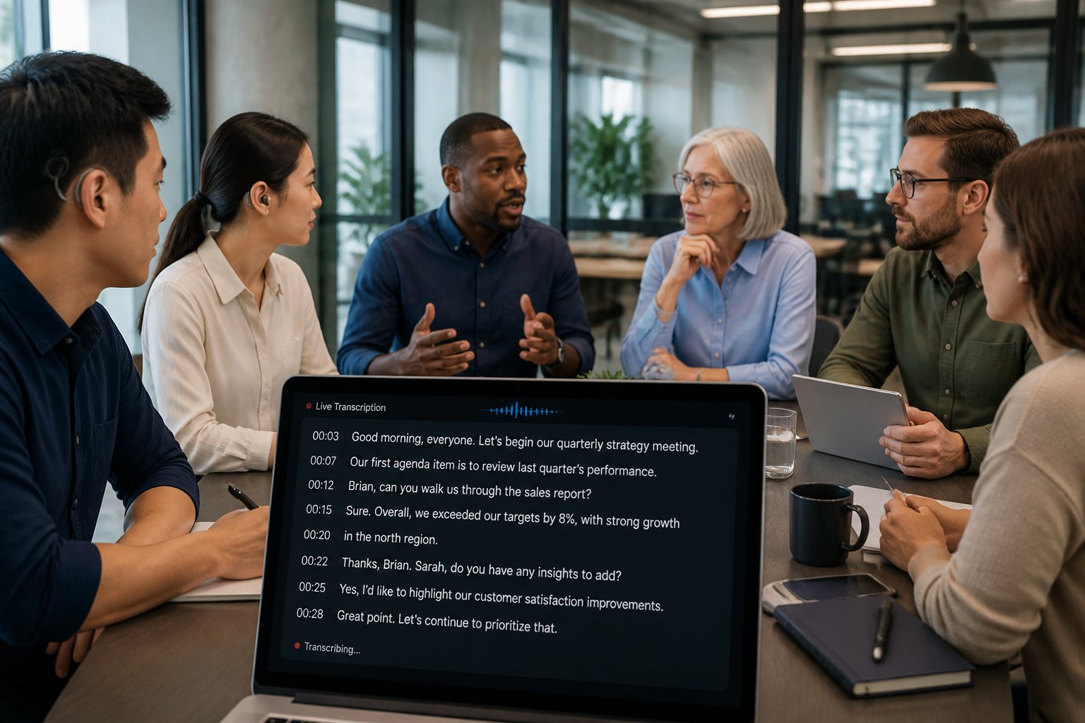 A diverse group of people in a modern office meeting with a computer screen showing live transcription text during their discussion.