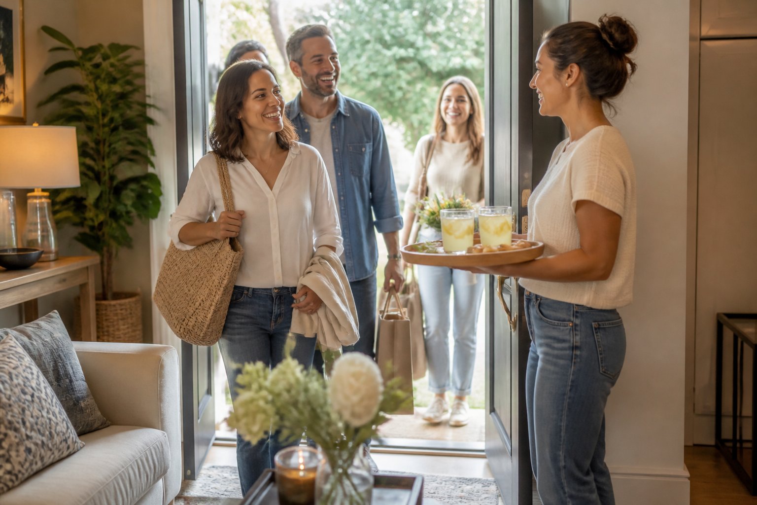 A friendly host welcomes guests into a cozy, well-lit living room filled with comfortable furniture and plants.