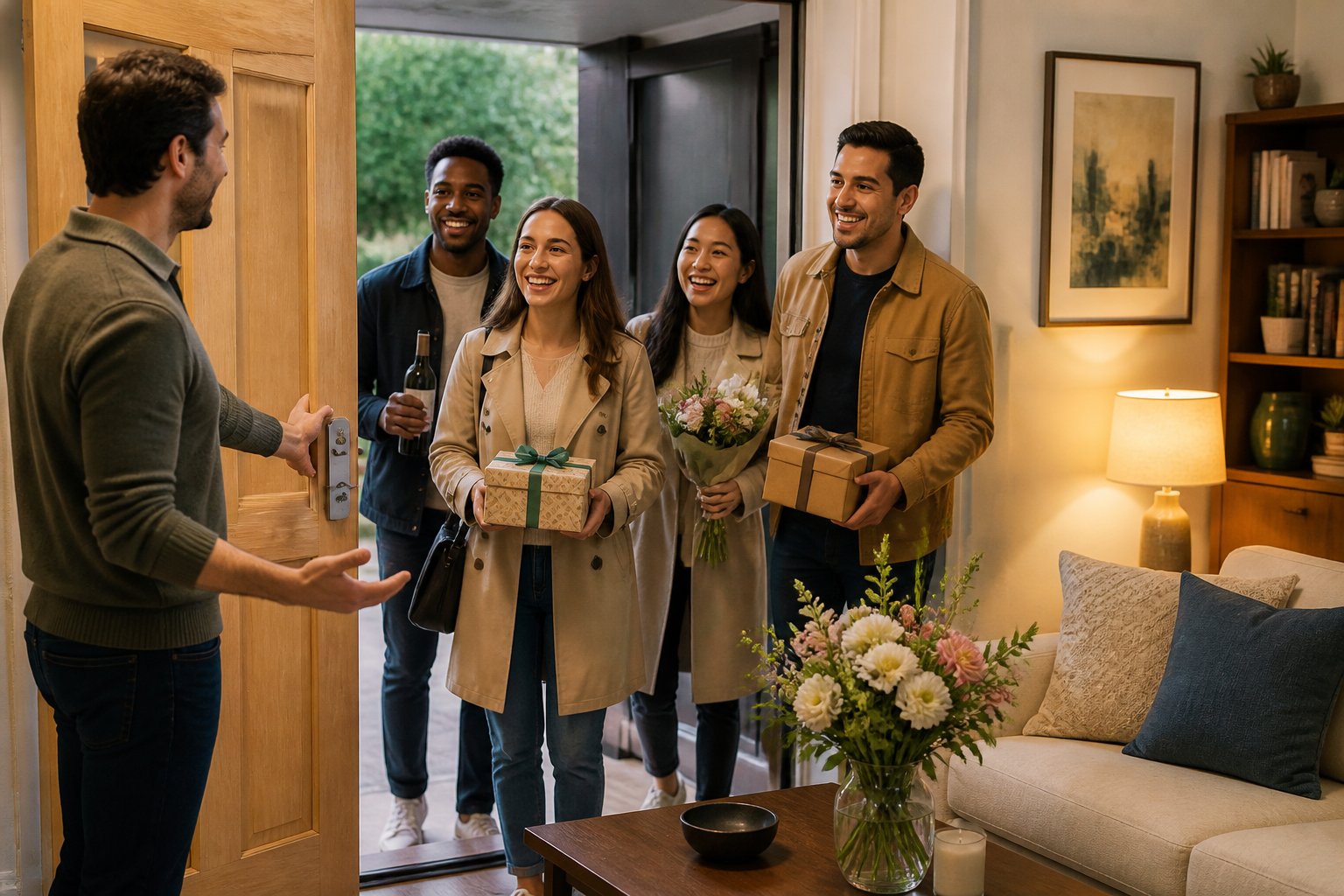A smiling host welcomes guests into a cozy, well-decorated living room.