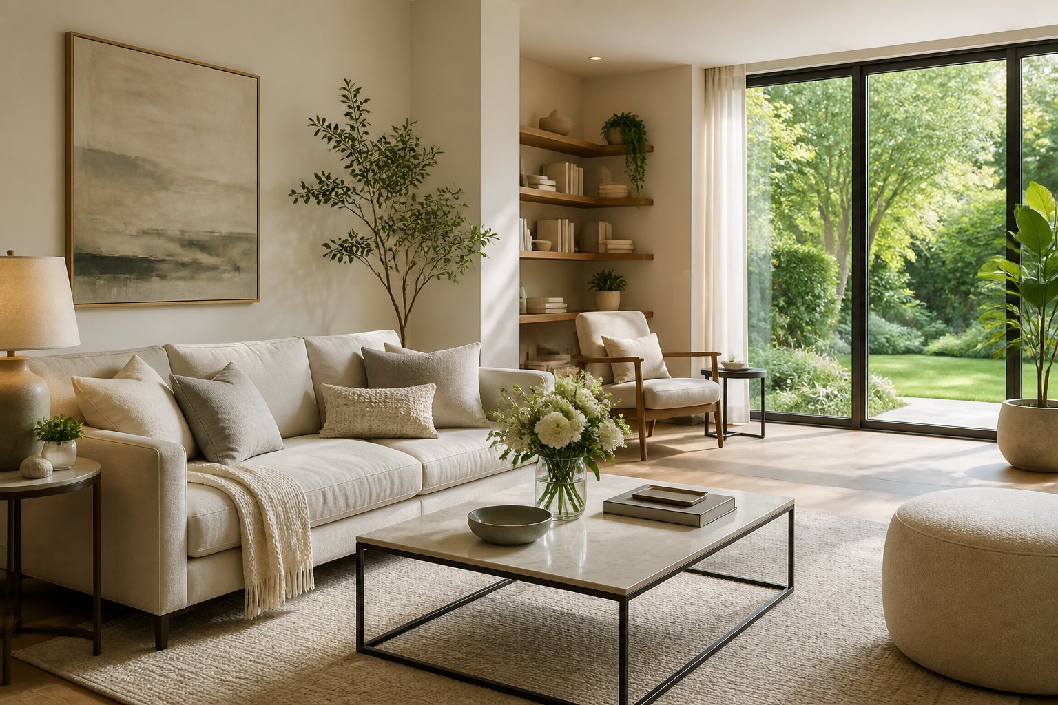 A bright and tidy living room with a sofa, coffee table, indoor plants, and large windows showing a garden outside.