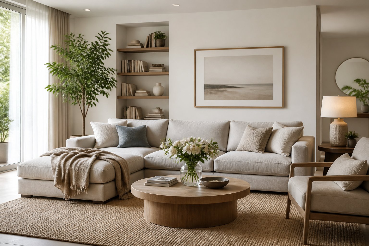 A calm and inviting living room with soft natural light, neutral colors, modern furniture, and green plants.