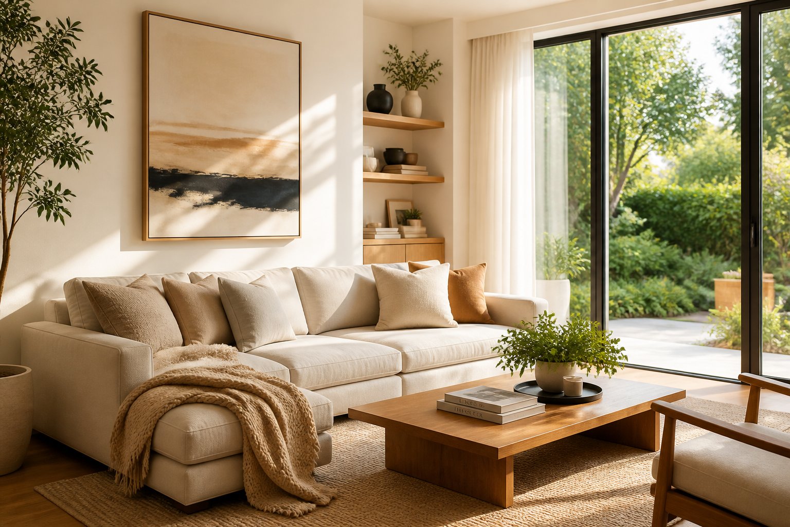 A sunlit living room with a modern sofa, coffee table, green plants, and large windows showing a garden outside.