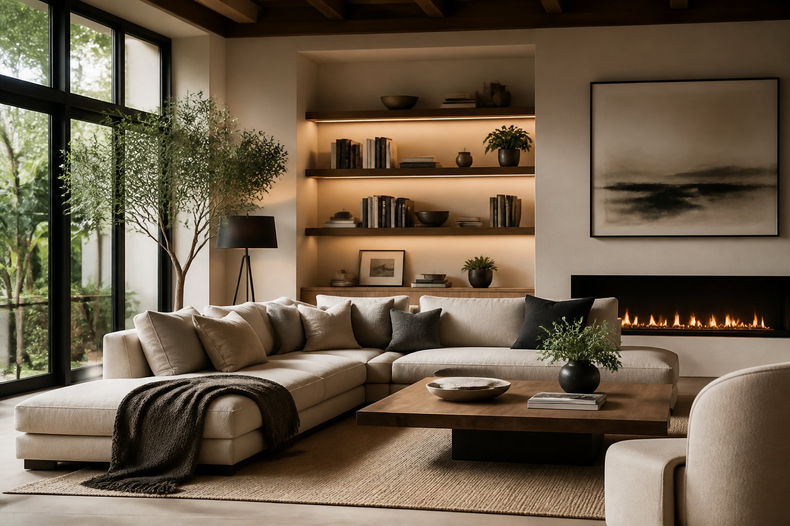 A bright and calm living room with a sofa, coffee table, plants, and large windows letting in natural light.