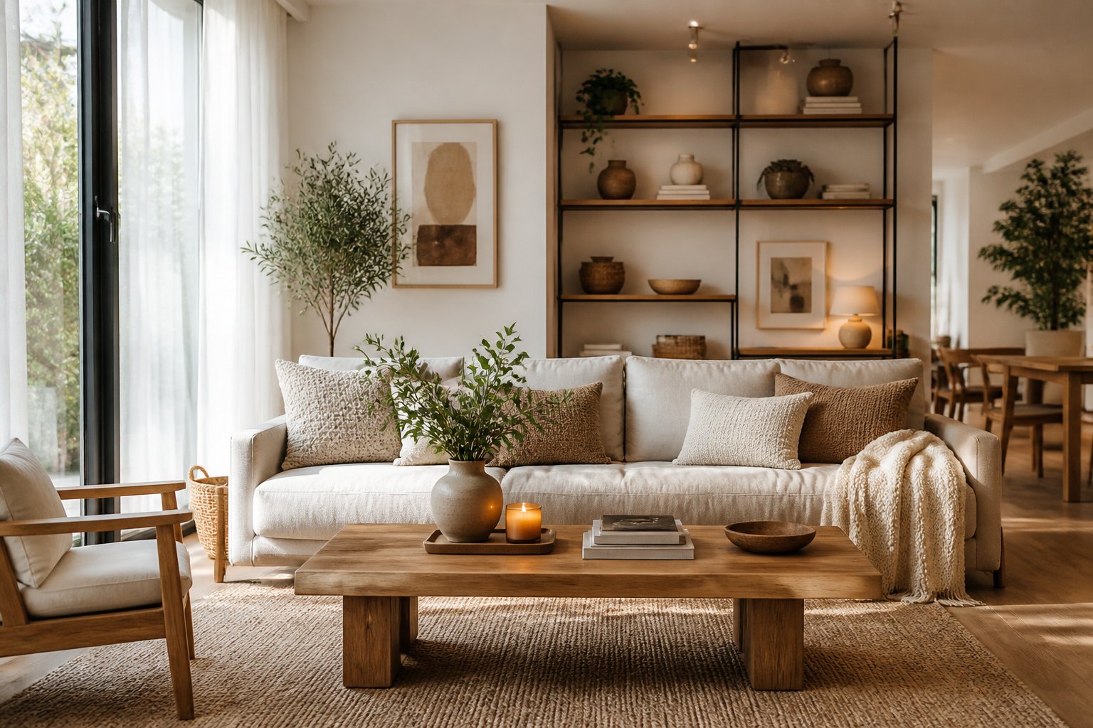 A bright living room with a neutral sofa, wooden coffee table, plants, and shelves with decorative items, illuminated by natural light.