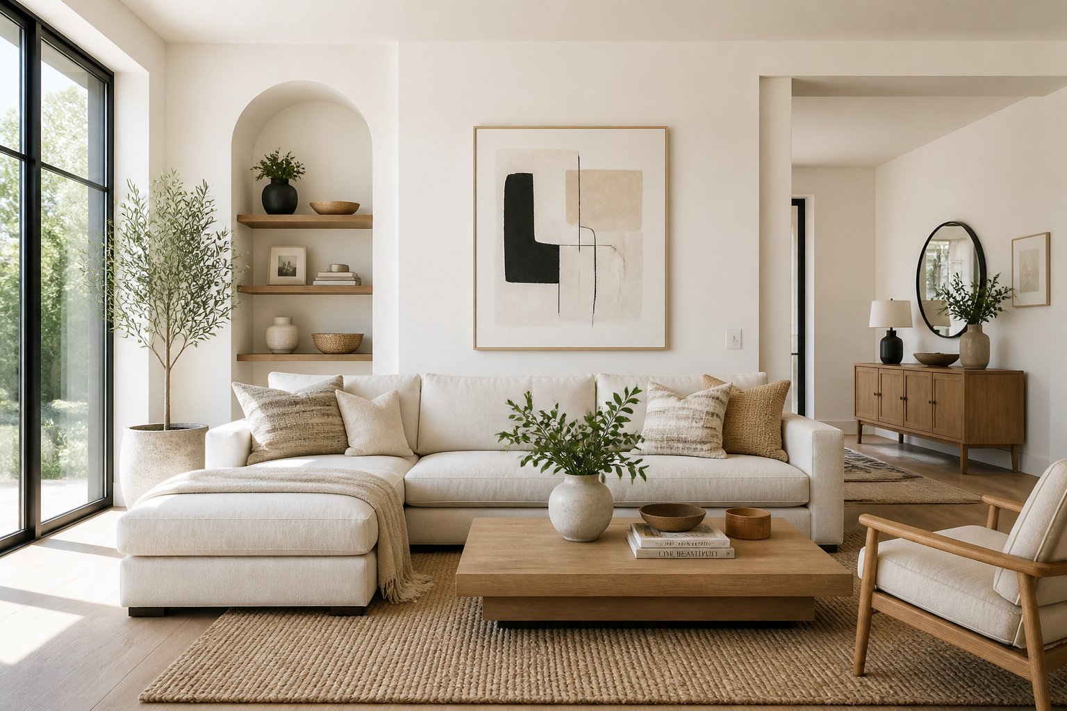 A bright living room with a sofa, coffee table, plants, and large windows letting in natural light.